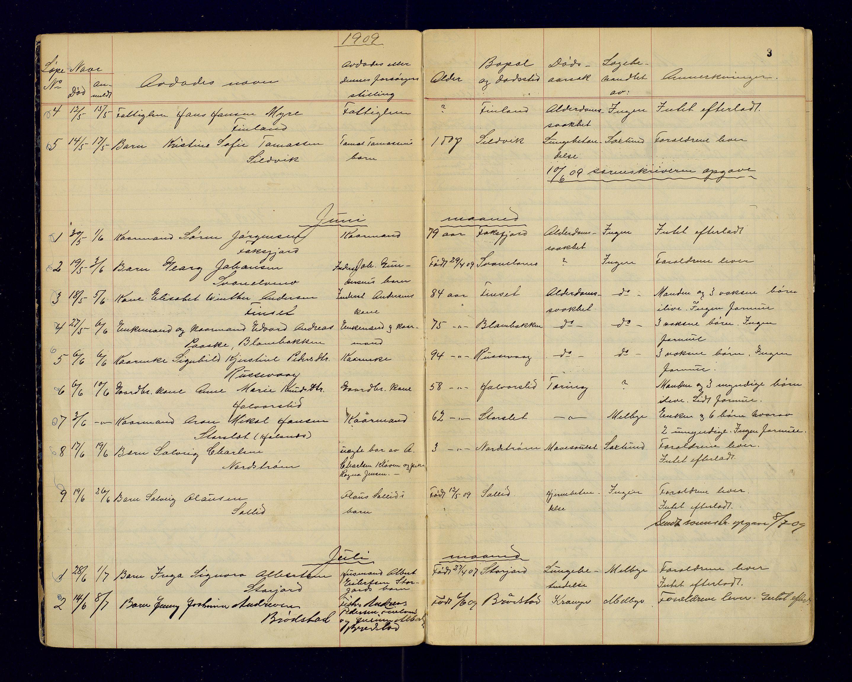 Tranøy lensmannskontor (Sørreisa lensmannskontor), AV/SATØ-SATØ-46/1/F/Fi/Fia/L0147: Dødsfallsprotokoller, 1909-1919, p. 3