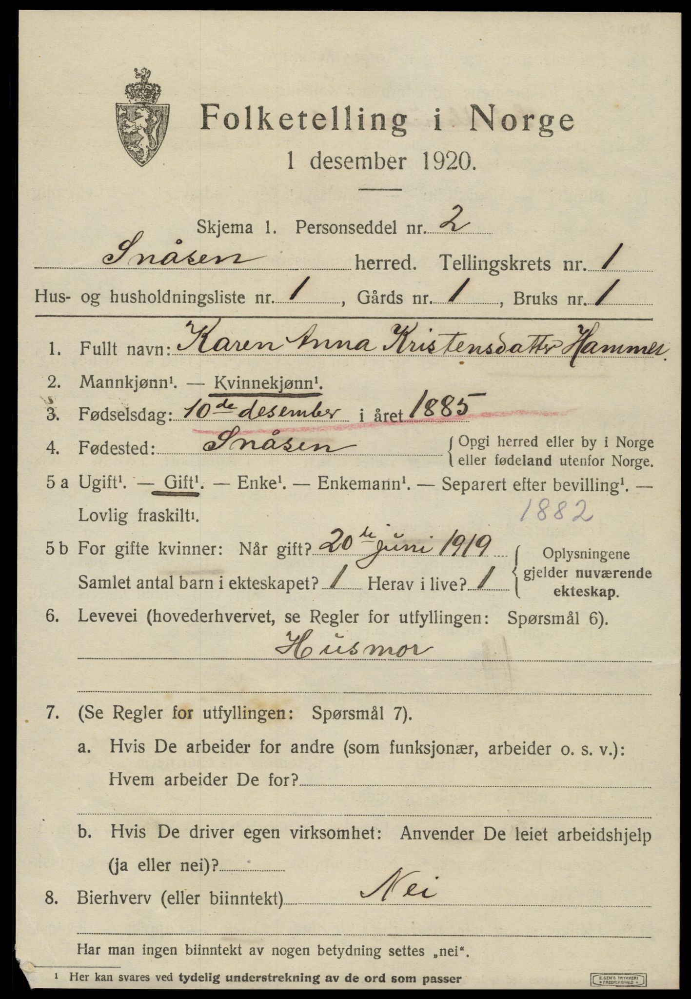 SAT, 1920 census for Snåsa, 1920, p. 1044