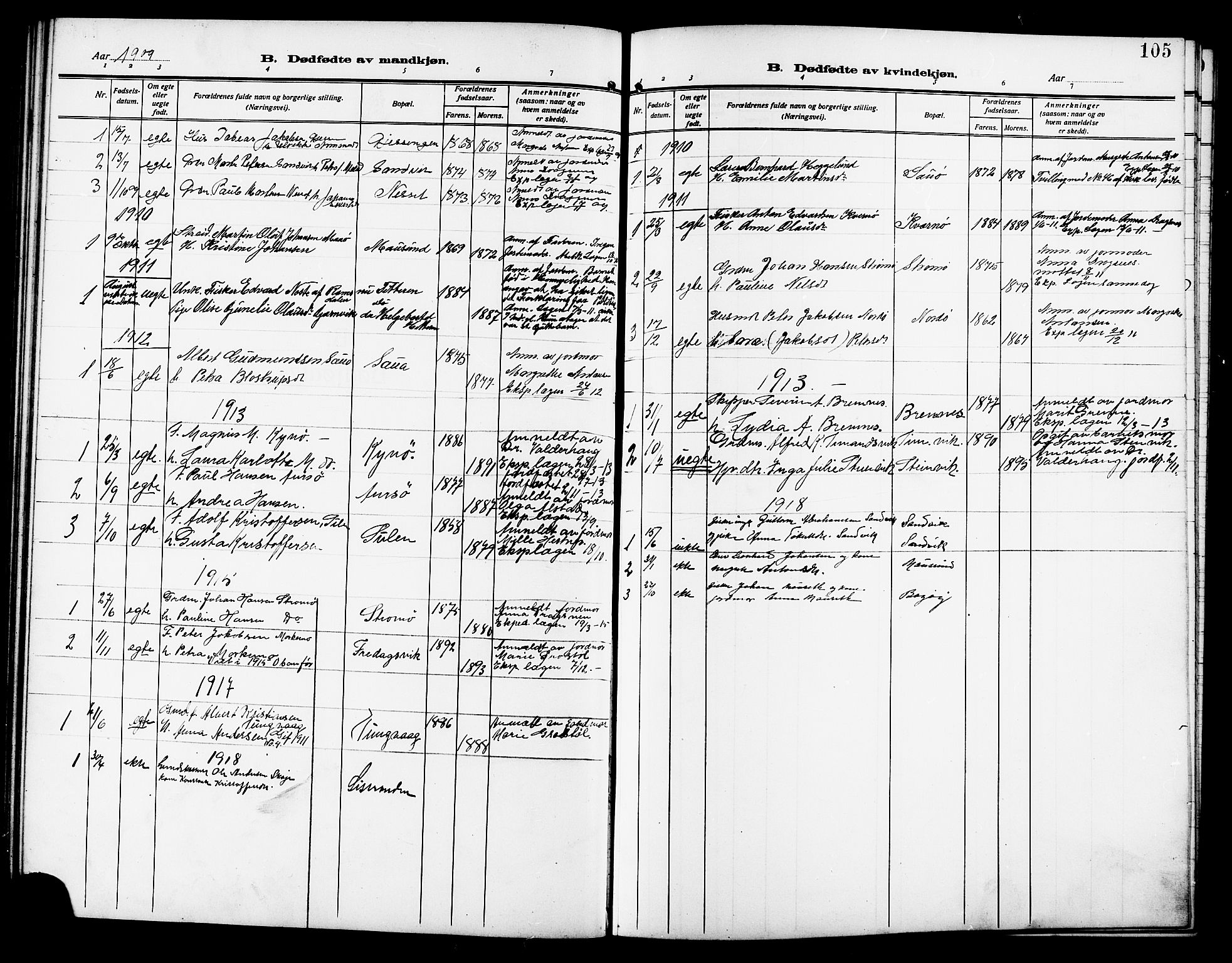 Ministerialprotokoller, klokkerbøker og fødselsregistre - Sør-Trøndelag, SAT/A-1456/640/L0588: Parish register (copy) no. 640C05, 1909-1922, p. 105