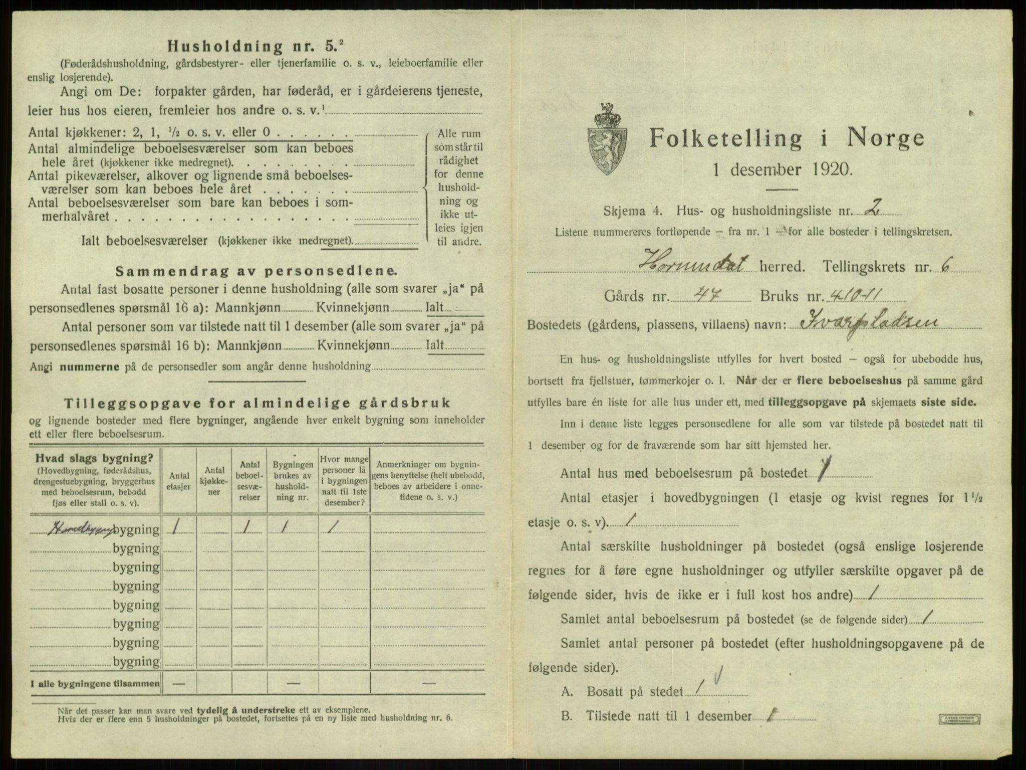 SAB, 1920 census for Hornindal, 1920, p. 430