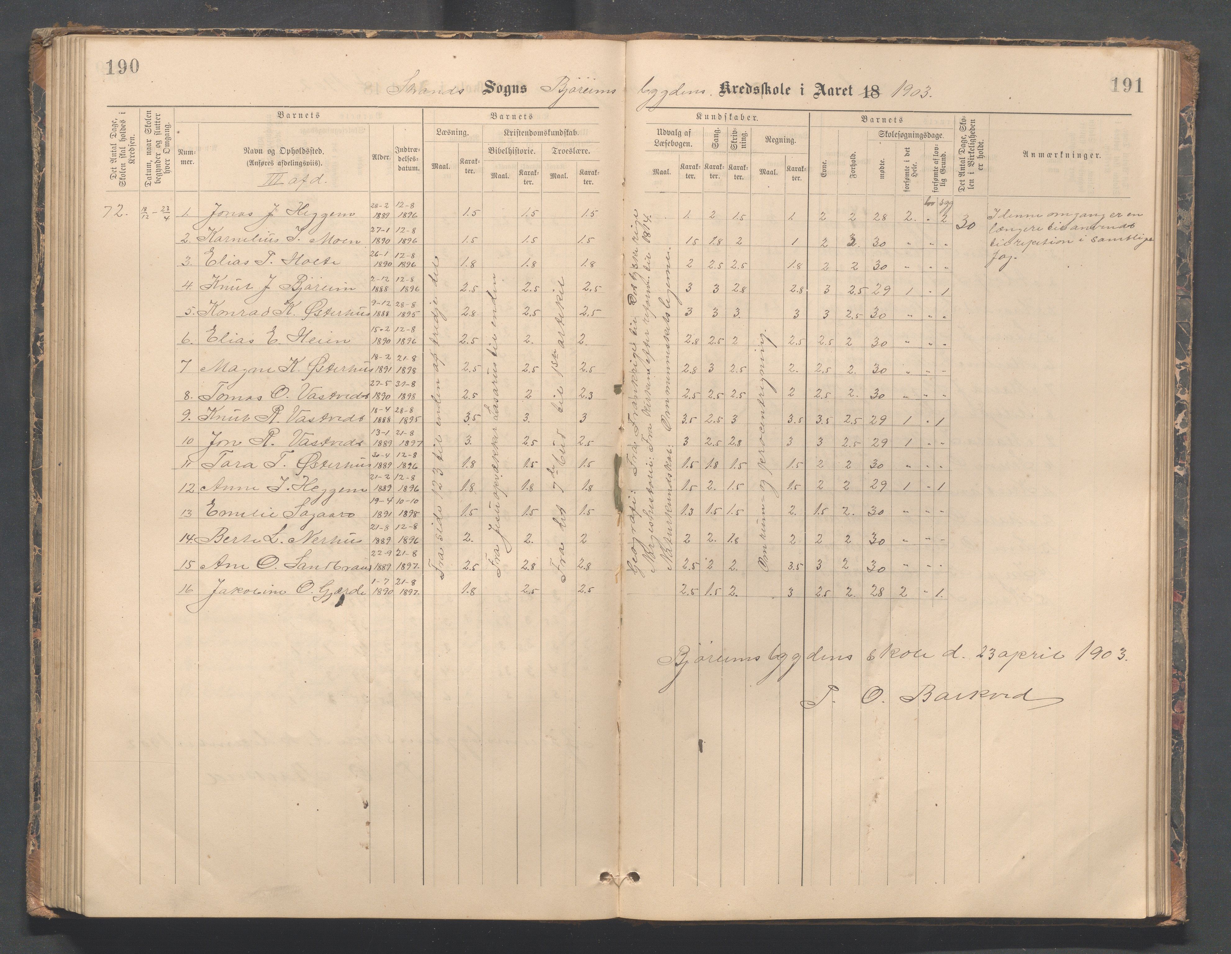 Strand kommune - Bjørheimsbygd skole, IKAR/A-147/H/L0002: Skoleprotokoll for Bjørheimsbygd og Lekvam krets, 1891-1907, p. 190-191