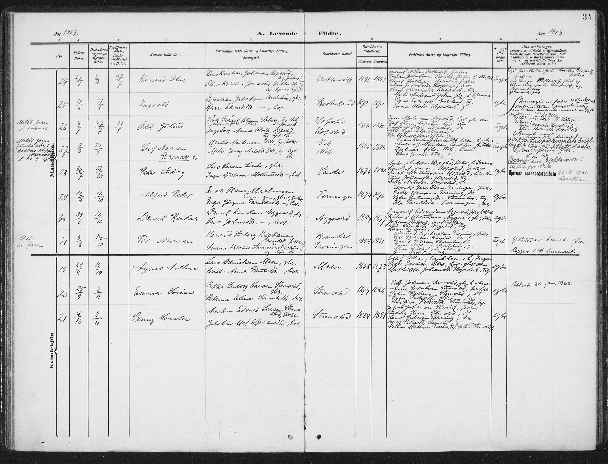 Ministerialprotokoller, klokkerbøker og fødselsregistre - Sør-Trøndelag, AV/SAT-A-1456/657/L0709: Parish register (official) no. 657A10, 1905-1919, p. 34