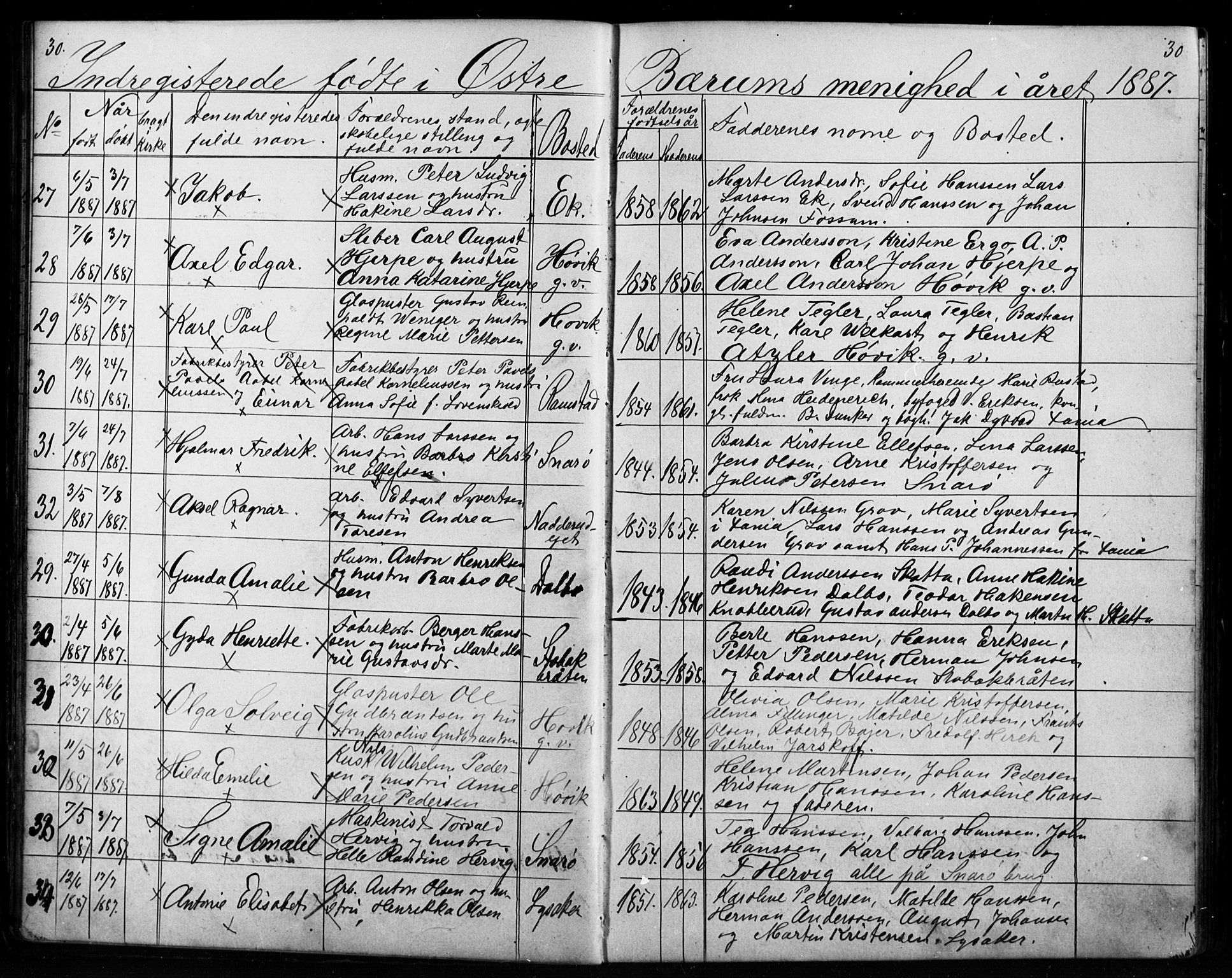 Asker prestekontor Kirkebøker, AV/SAO-A-10256a/G/Gc/L0003: Parish register (copy) no. III 3, 1884-1897, p. 30