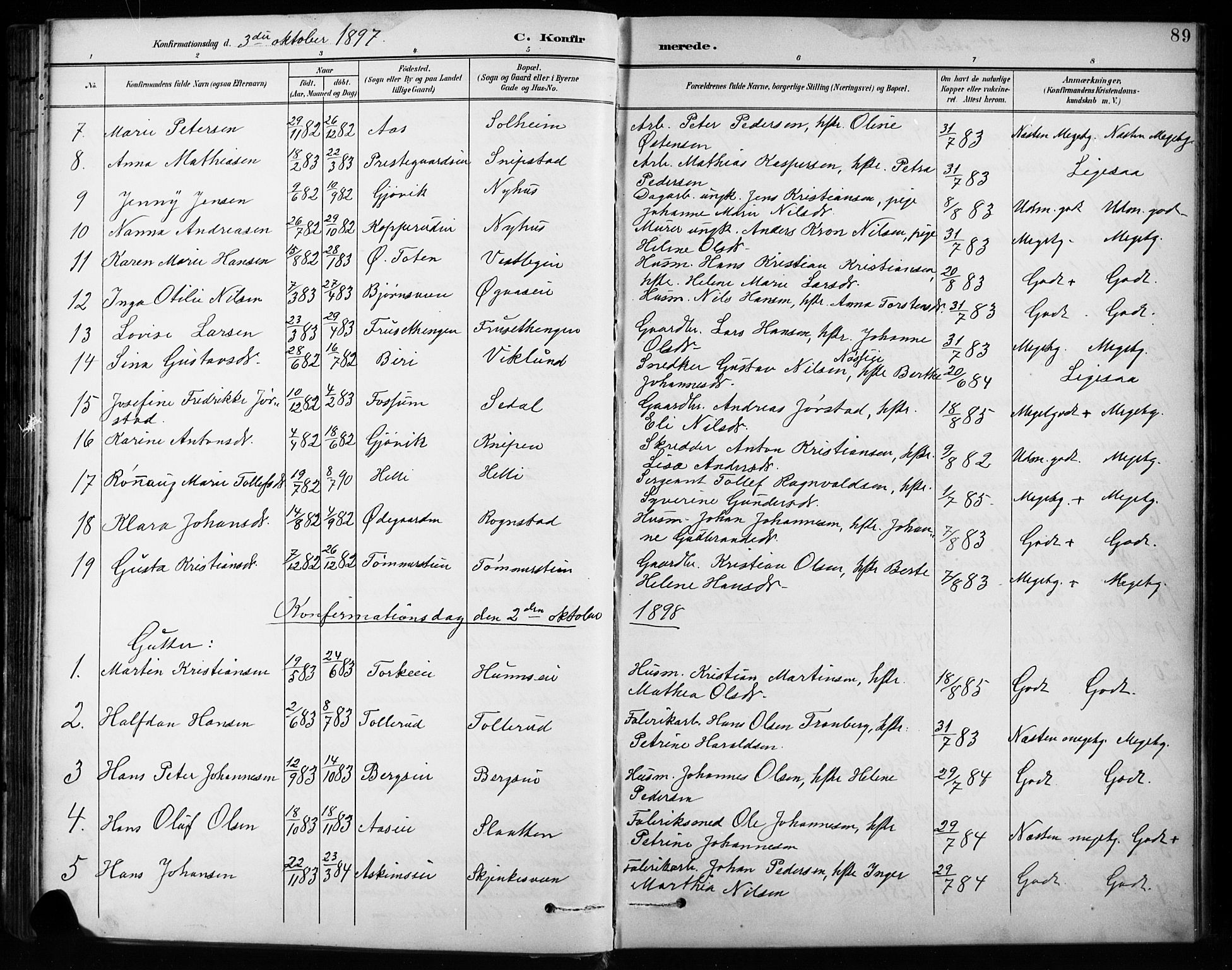 Vardal prestekontor, SAH/PREST-100/H/Ha/Hab/L0010: Parish register (copy) no. 10, 1895-1903, p. 89