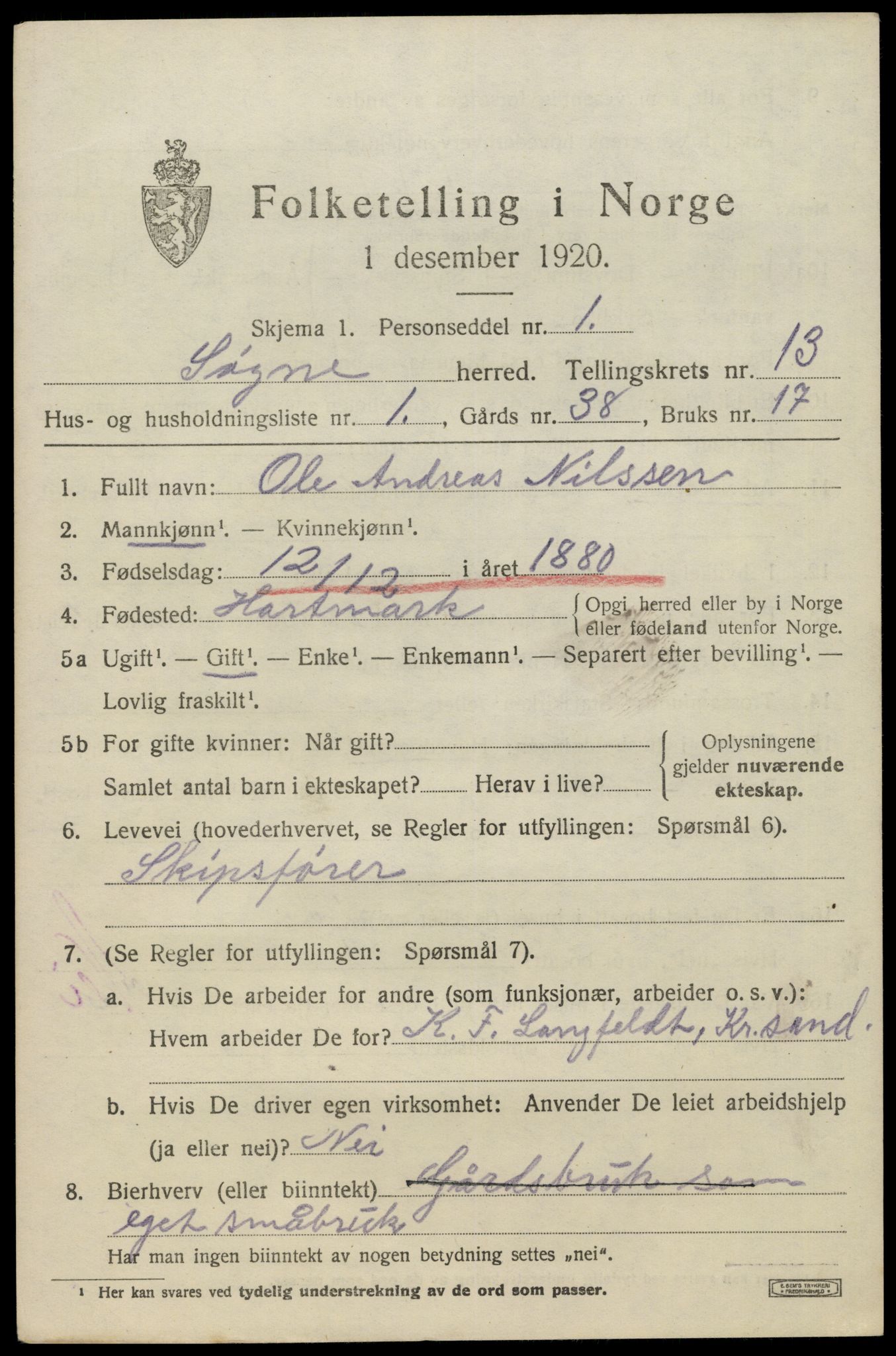 SAK, 1920 census for Søgne, 1920, p. 6411
