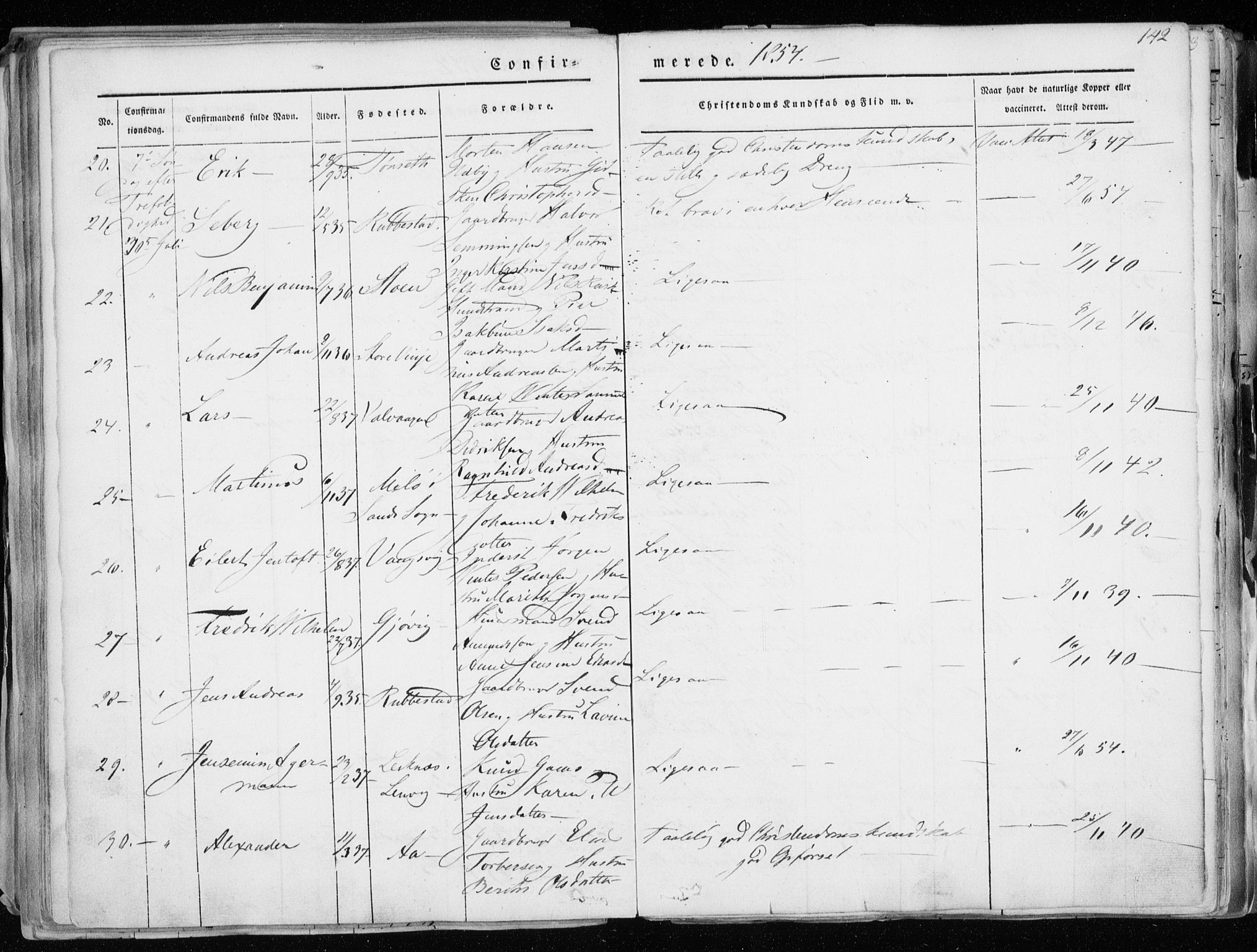 Tranøy sokneprestkontor, AV/SATØ-S-1313/I/Ia/Iaa/L0006kirke: Parish register (official) no. 6, 1844-1855, p. 142