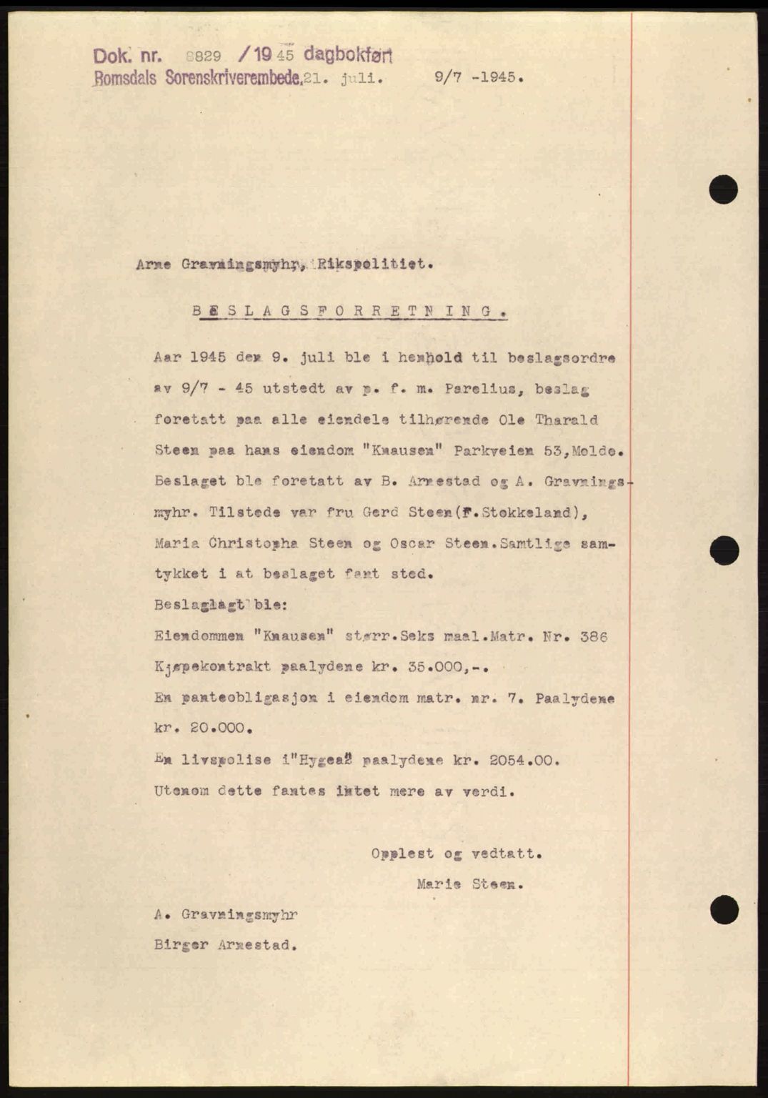 Romsdal sorenskriveri, AV/SAT-A-4149/1/2/2C: Mortgage book no. B2, 1939-1945, Diary no: : 825/1945