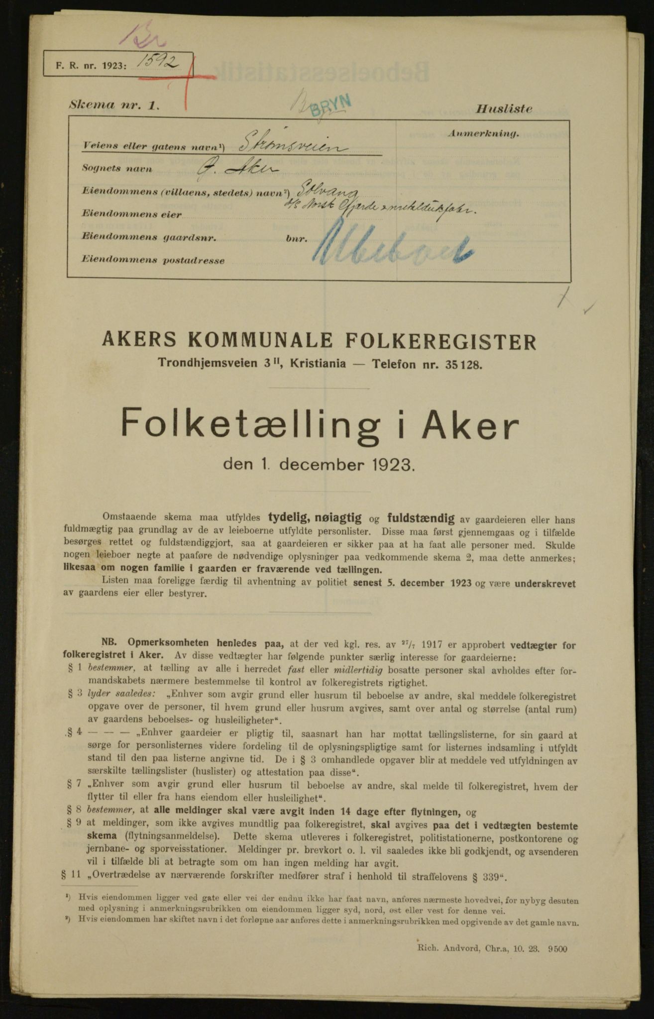 , Municipal Census 1923 for Aker, 1923, p. 32591