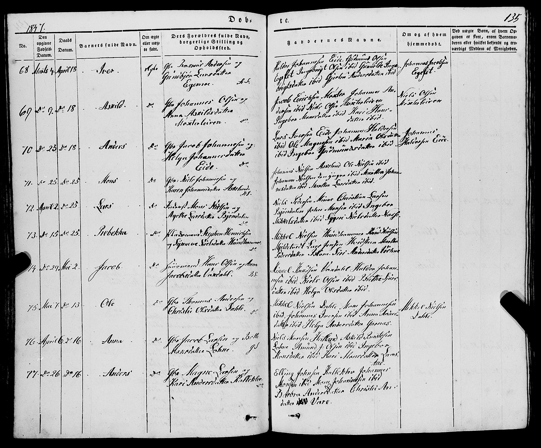 Haus sokneprestembete, AV/SAB-A-75601/H/Haa: Parish register (official) no. A 15, 1838-1847, p. 135