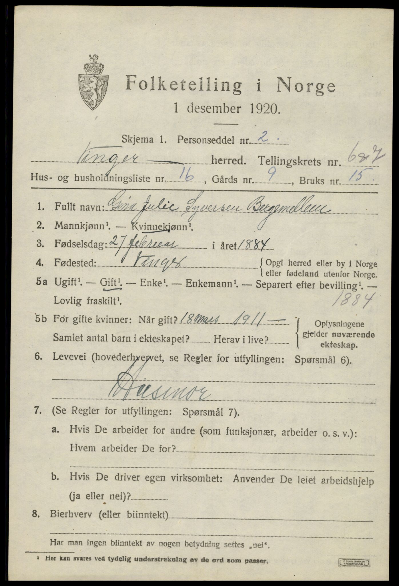 SAH, 1920 census for Vinger, 1920, p. 6180