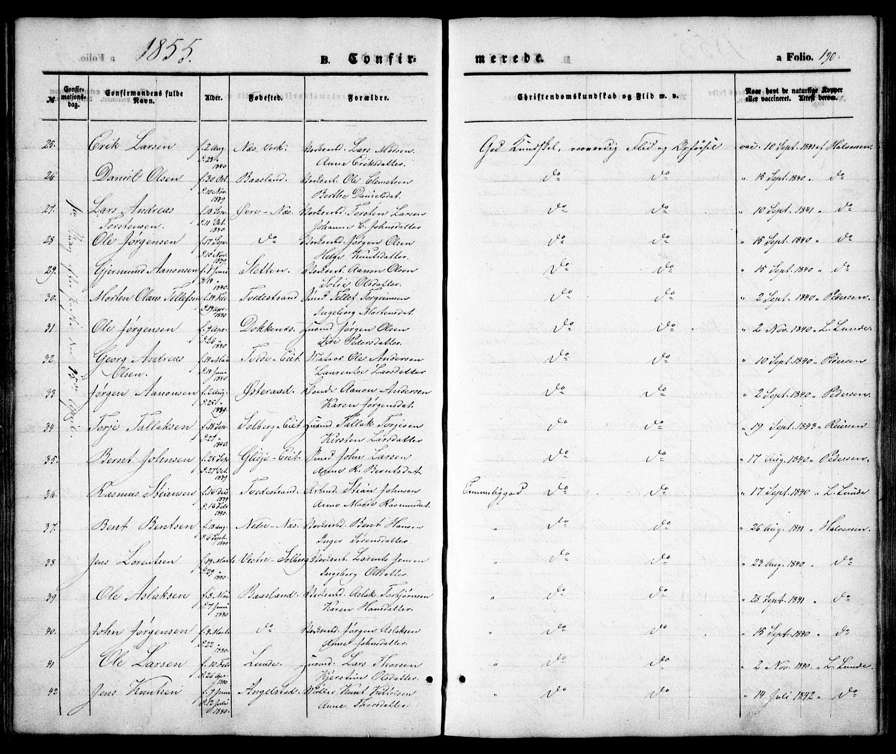 Holt sokneprestkontor, SAK/1111-0021/F/Fa/L0008: Parish register (official) no. A 8, 1849-1860, p. 190
