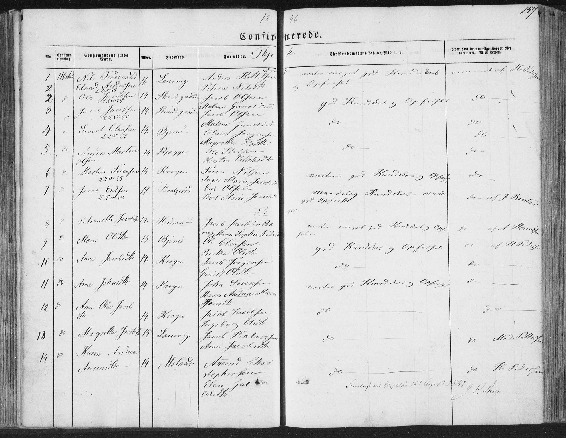 Brunlanes kirkebøker, SAKO/A-342/F/Fa/L0004: Parish register (official) no. I 4, 1846-1862, p. 157