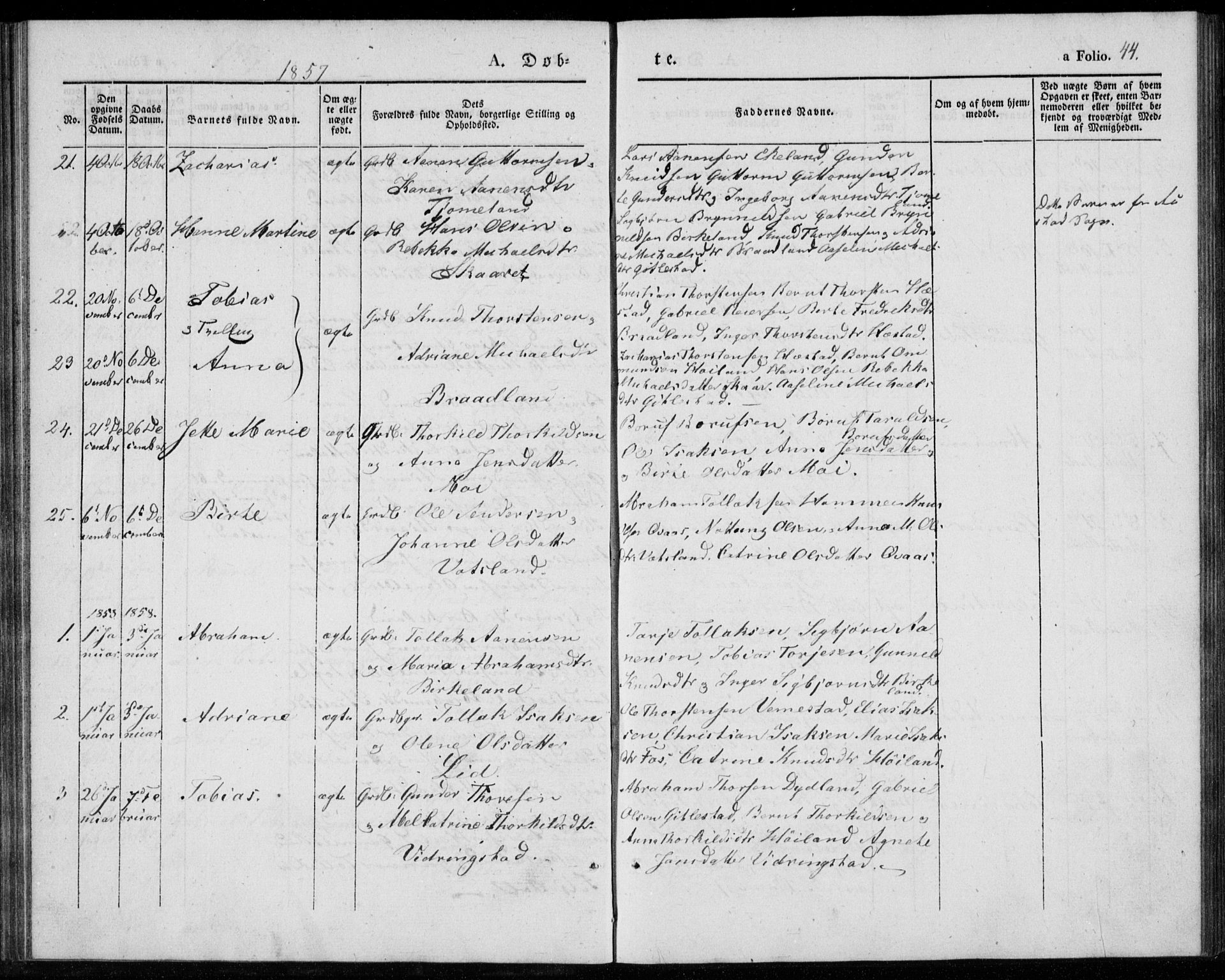 Lyngdal sokneprestkontor, AV/SAK-1111-0029/F/Fa/Fab/L0001: Parish register (official) no. A 1, 1838-1860, p. 44