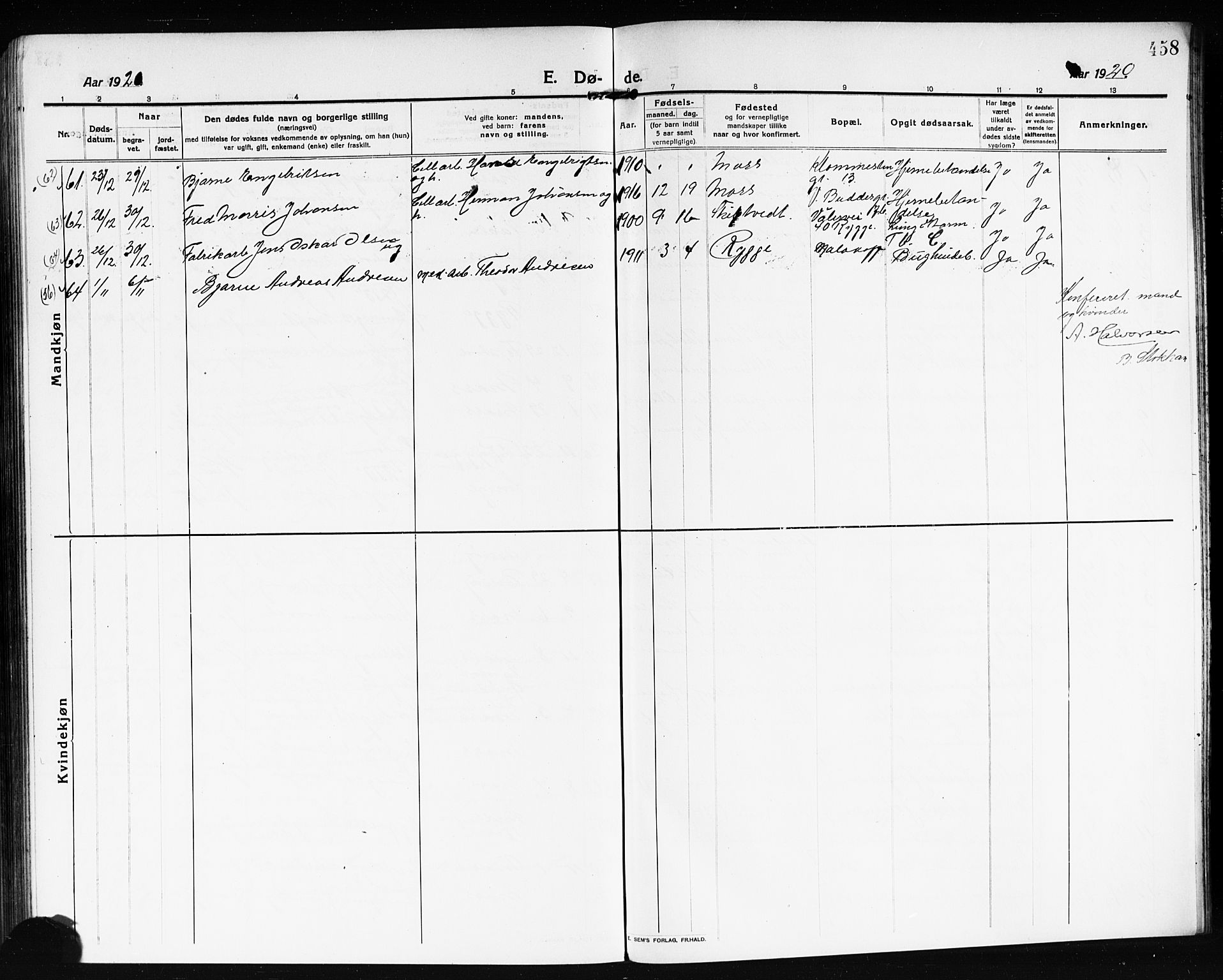 Moss prestekontor Kirkebøker, AV/SAO-A-2003/G/Ga/L0008: Parish register (copy) no. I 8, 1913-1923, p. 458