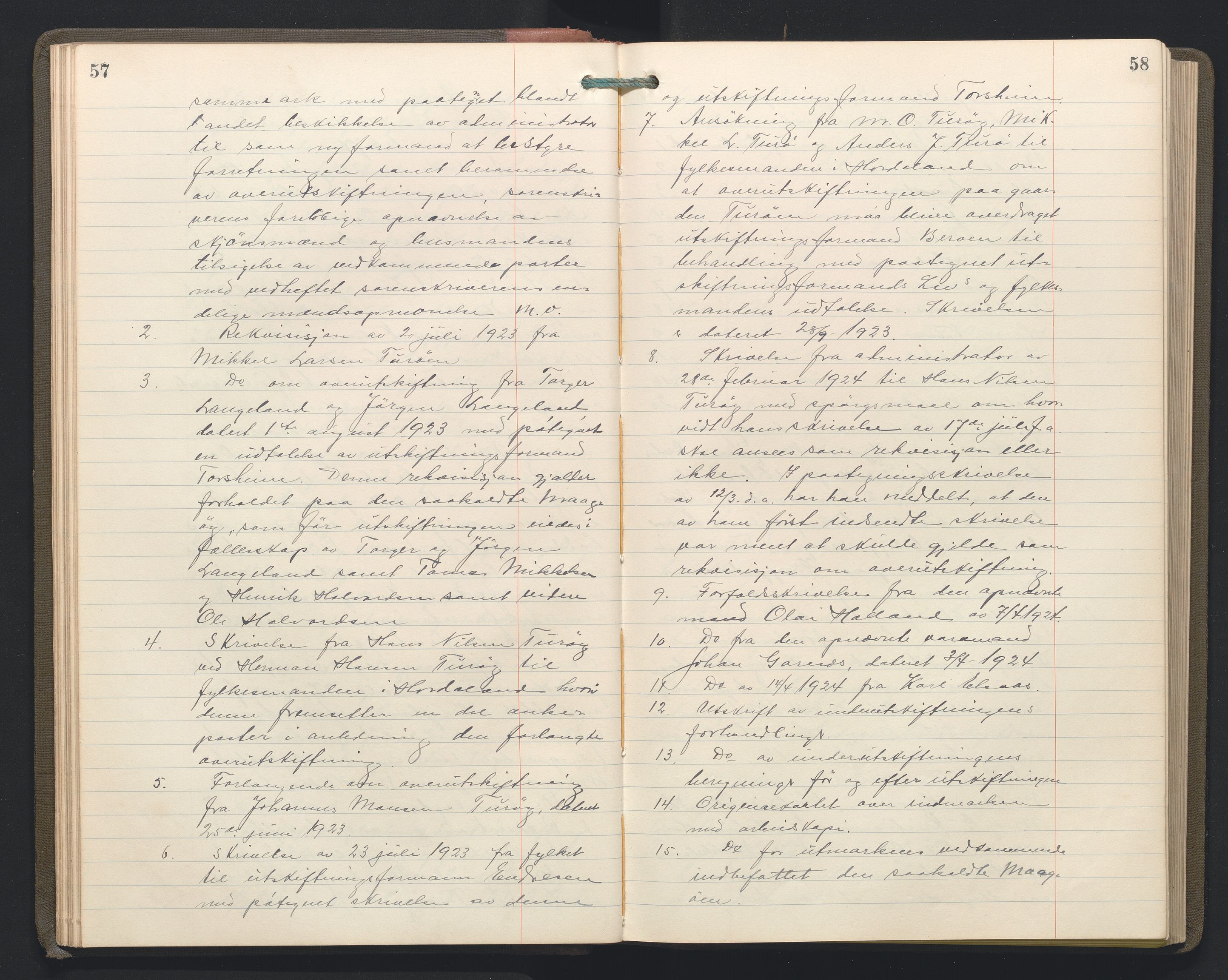 Hordaland jordskiftedøme - II Ytre Nordhordland jordskiftedistrikt, AV/SAB-A-6901/A/Aa/L0034: Forhandlingsprotokoll, 1923-1925, p. 57-58