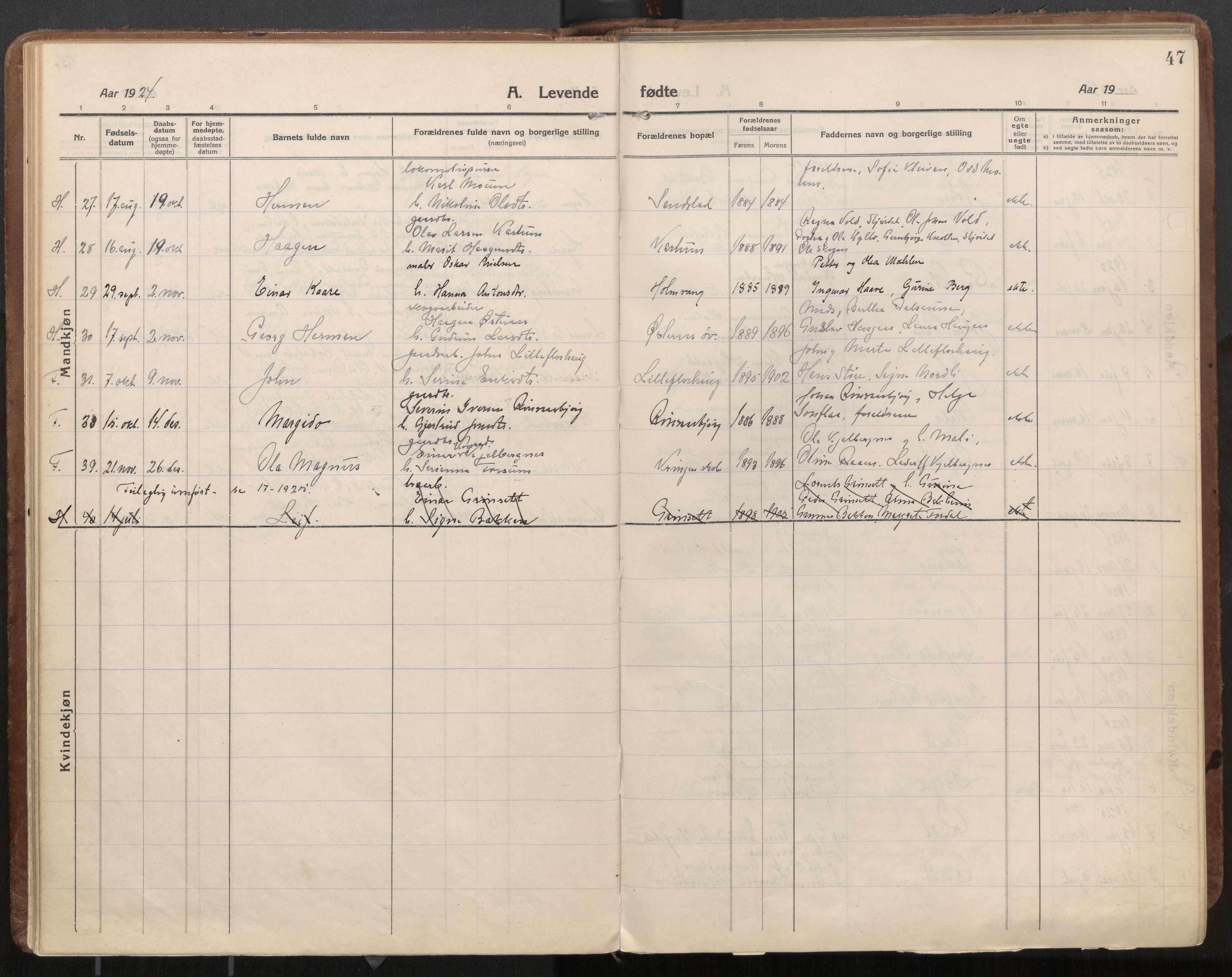 Ministerialprotokoller, klokkerbøker og fødselsregistre - Nord-Trøndelag, AV/SAT-A-1458/703/L0037: Parish register (official) no. 703A10, 1915-1932, p. 47