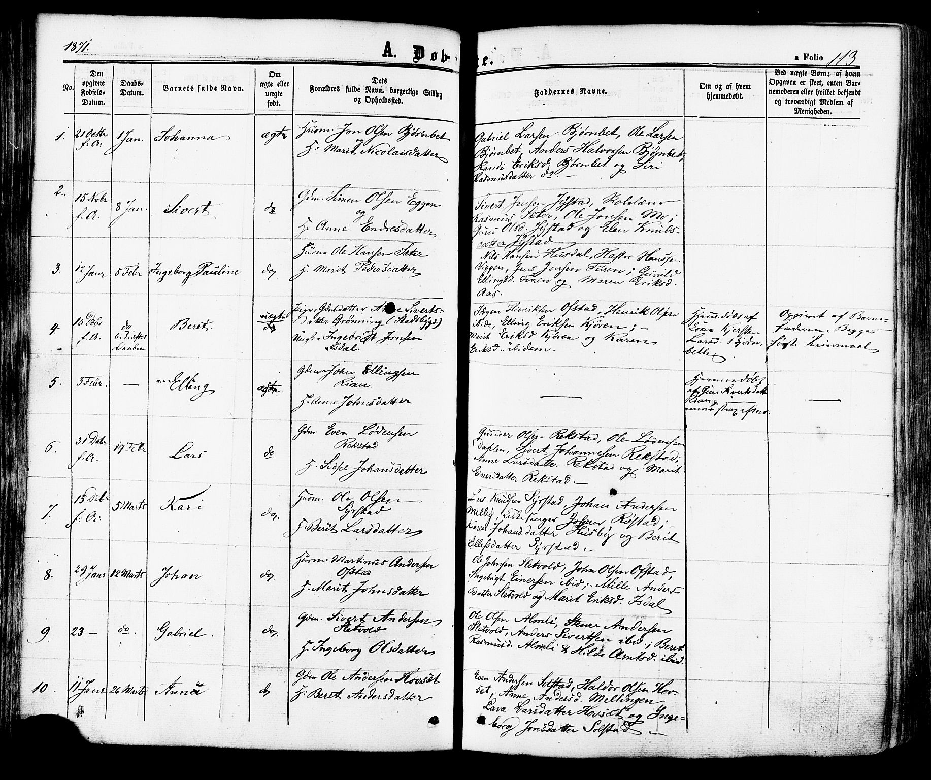 Ministerialprotokoller, klokkerbøker og fødselsregistre - Sør-Trøndelag, SAT/A-1456/665/L0772: Parish register (official) no. 665A07, 1856-1878, p. 113