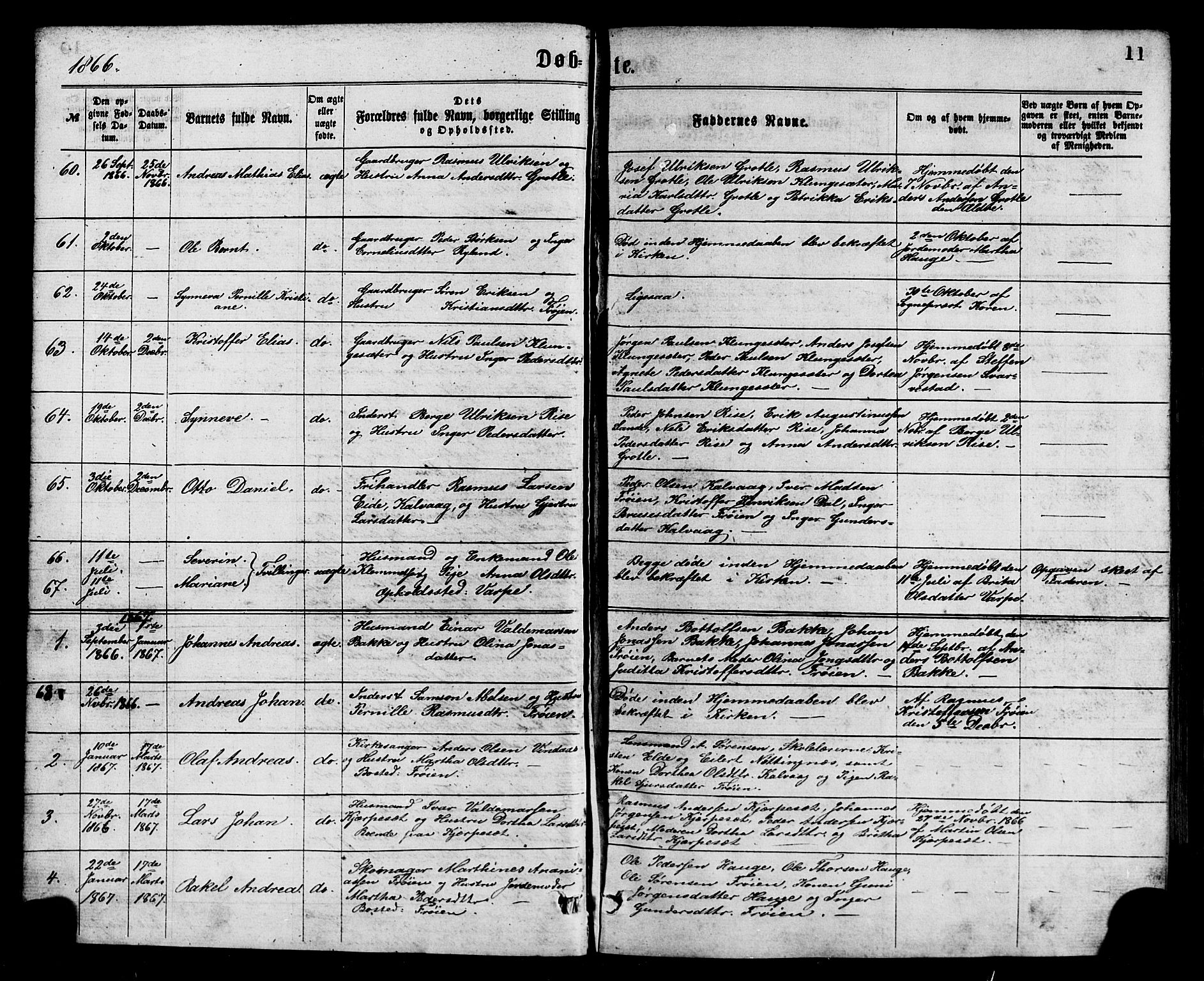 Bremanger sokneprestembete, SAB/A-82201/H/Hab/Haba/L0002: Parish register (copy) no. A 2, 1866-1889, p. 11