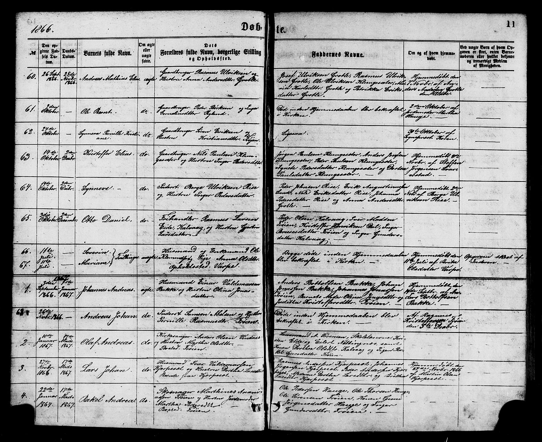 Bremanger sokneprestembete, AV/SAB-A-82201/H/Hab/Haba/L0002: Parish register (copy) no. A 2, 1866-1889, p. 11