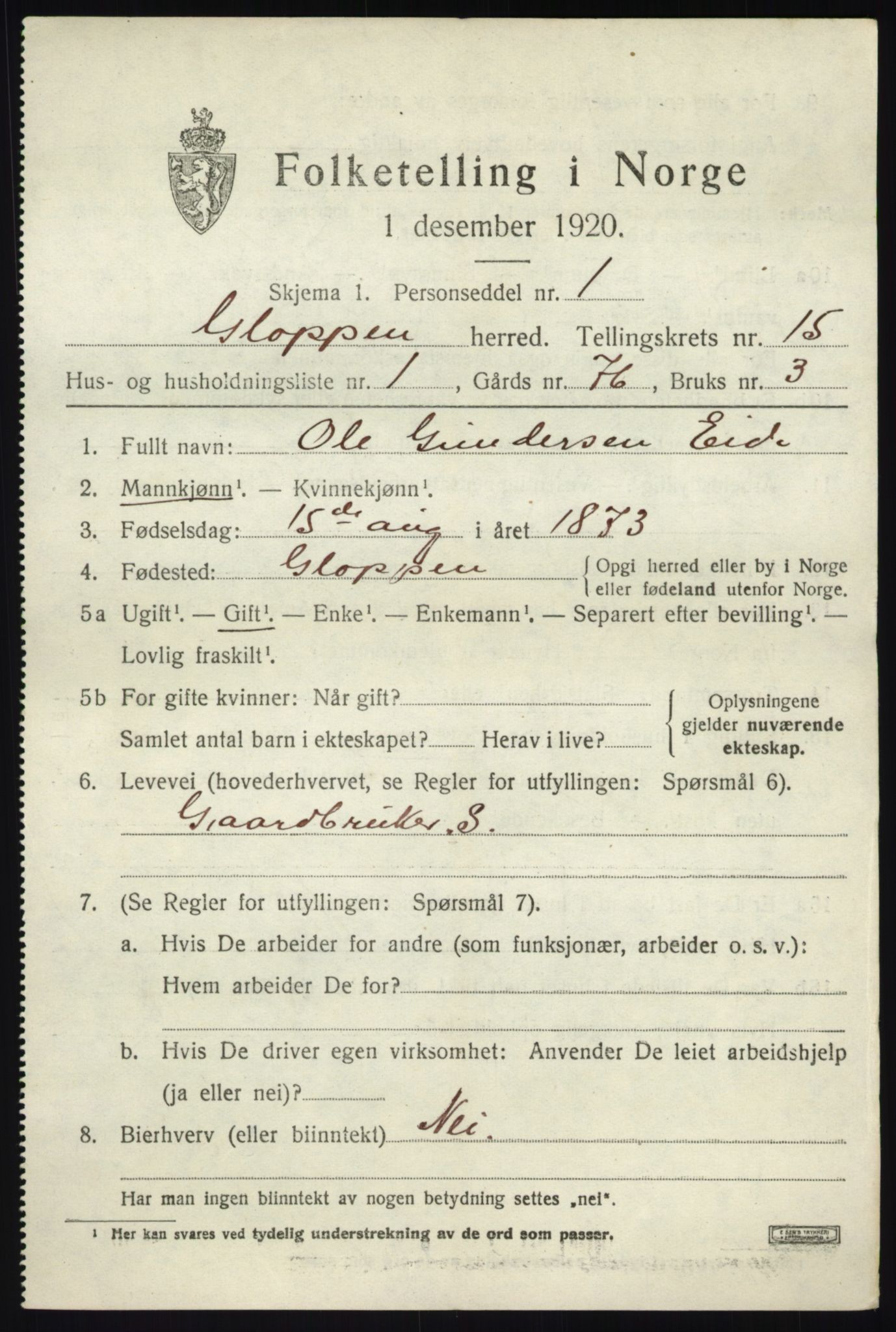 SAB, 1920 census for Gloppen, 1920, p. 7662