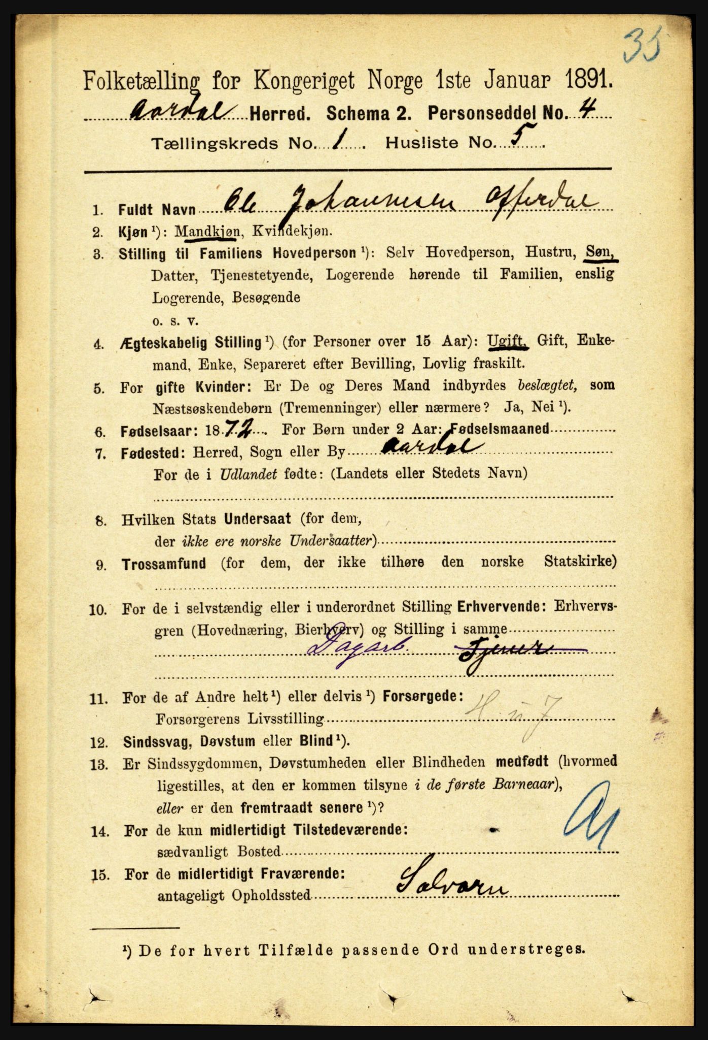 RA, 1891 census for 1424 Årdal, 1891, p. 70