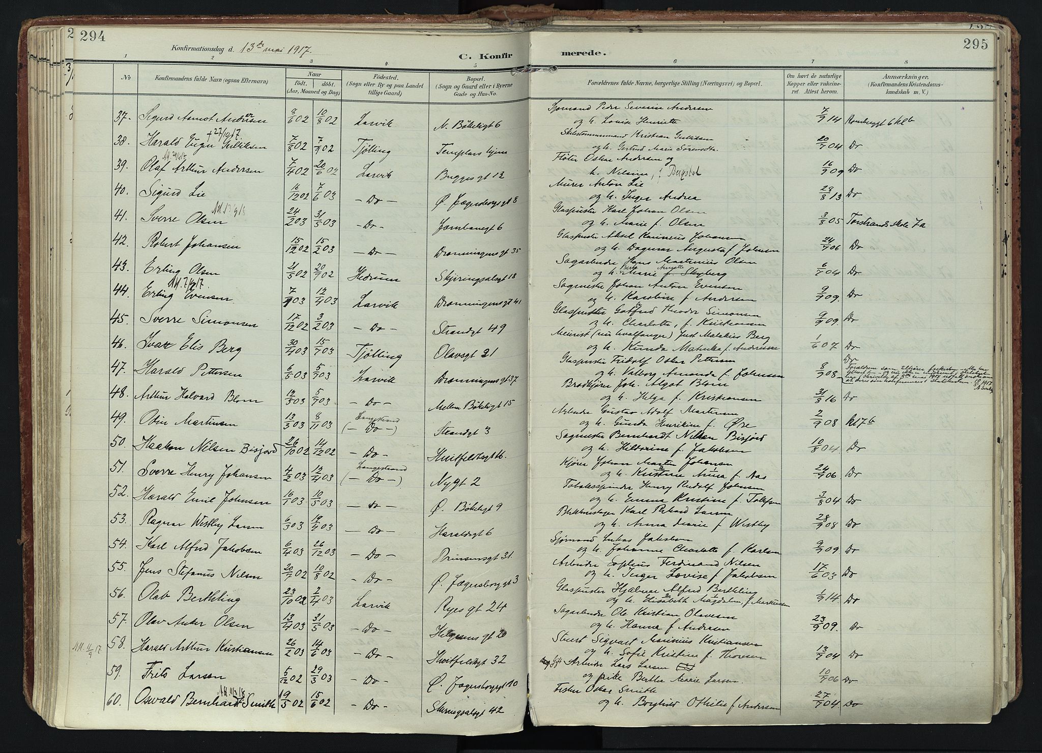 Larvik kirkebøker, AV/SAKO-A-352/F/Fa/L0011: Parish register (official) no. I 11, 1902-1922, p. 294-295