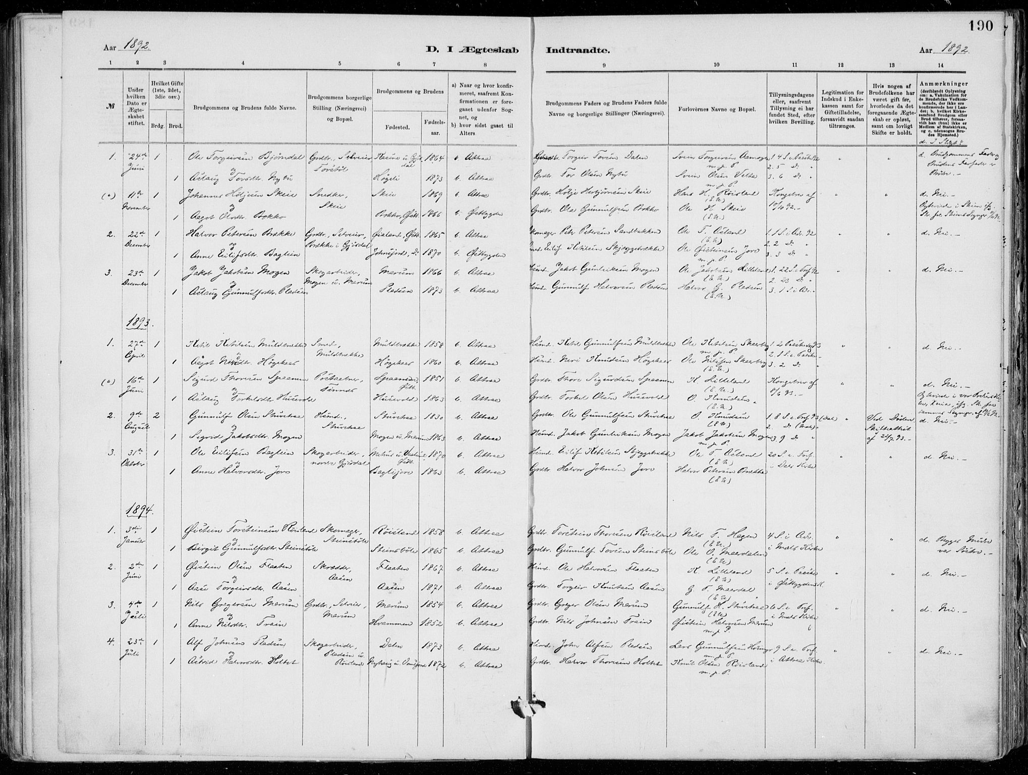 Tinn kirkebøker, SAKO/A-308/F/Fa/L0007: Parish register (official) no. I 7, 1878-1922, p. 190
