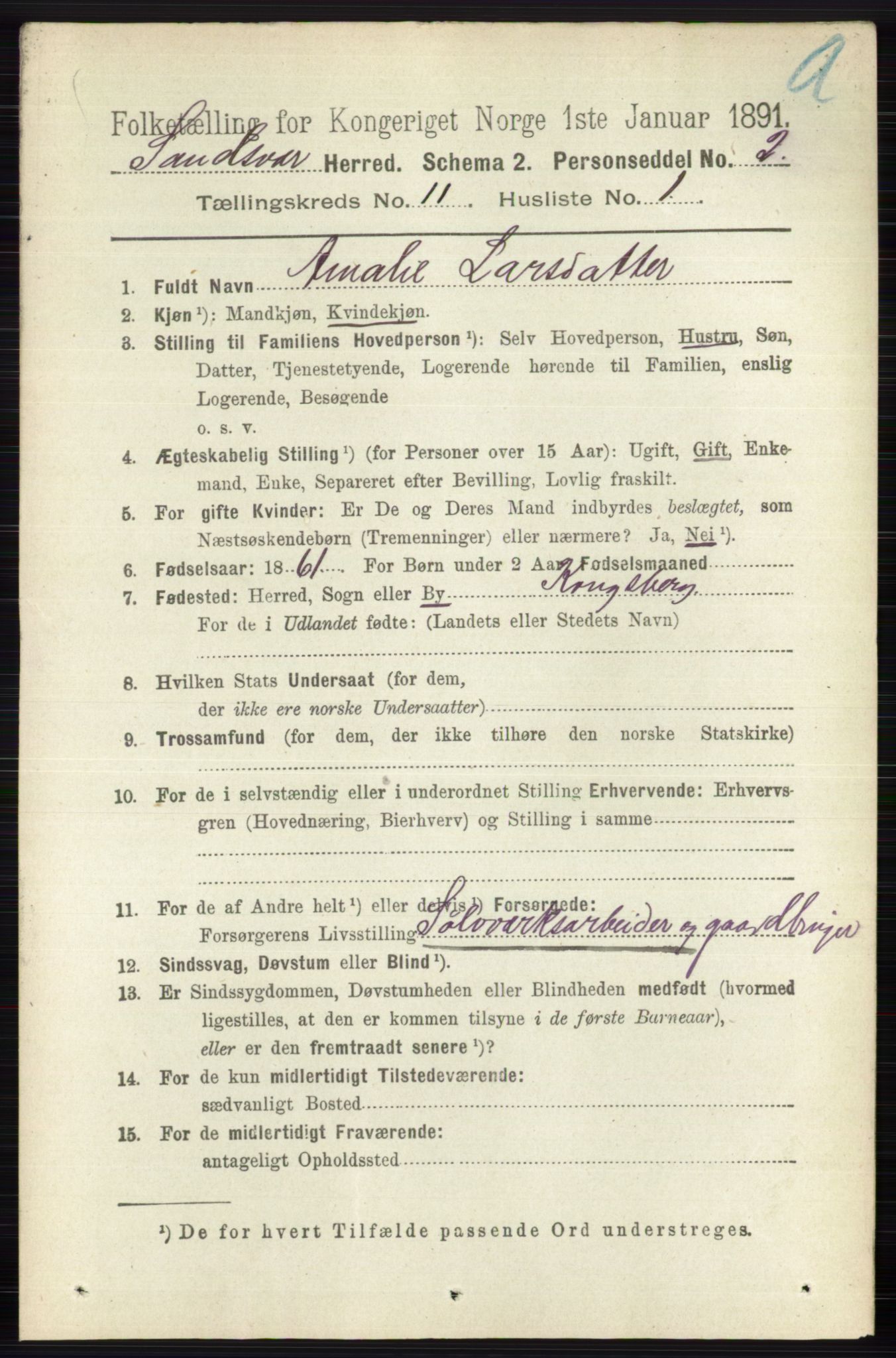 RA, 1891 census for 0629 Sandsvær, 1891, p. 5485