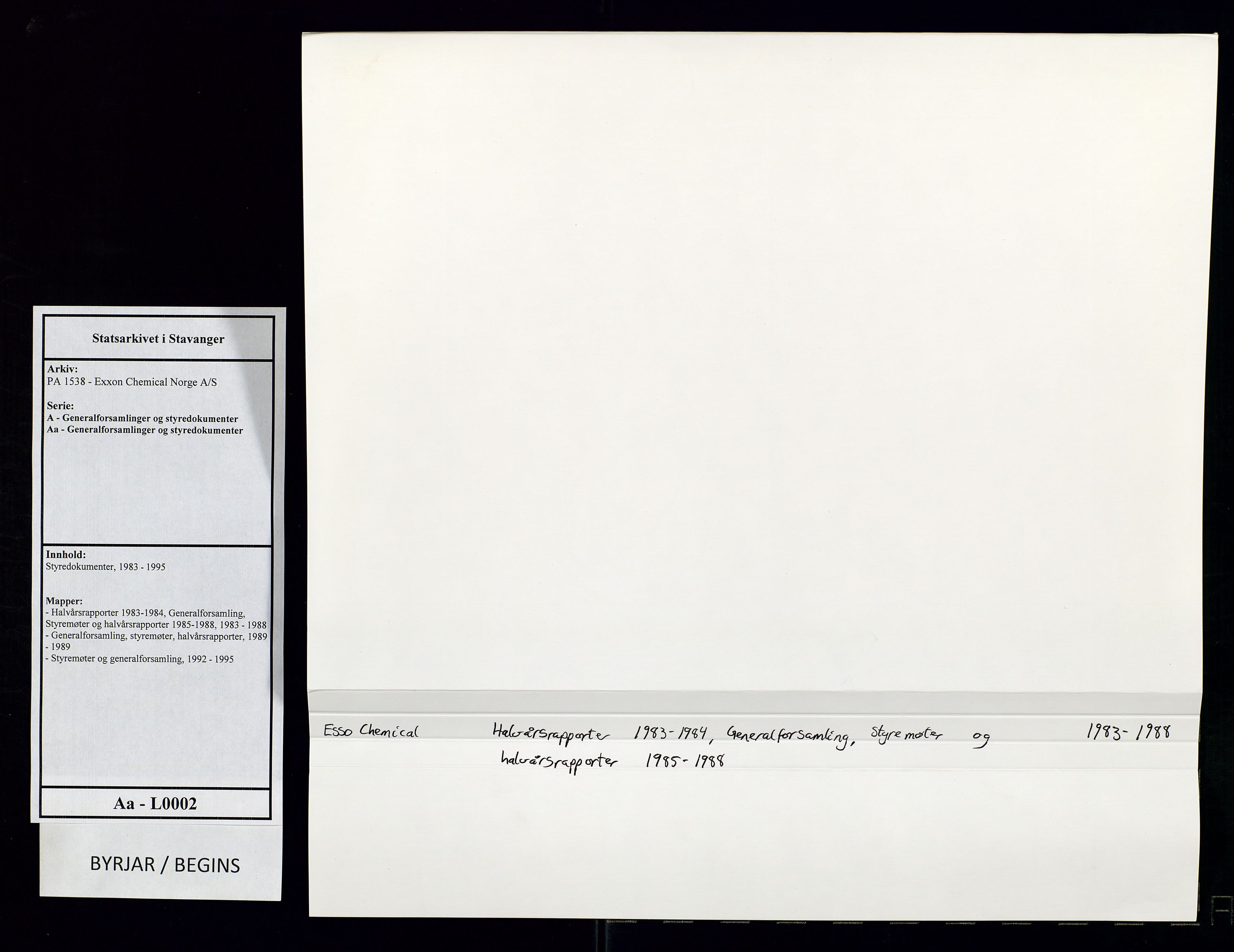 PA 1538 - Exxon Chemical Norge A/S, AV/SAST-A-101958/A/Aa/L0002/0001: Styredokumenter / Halvårsrapporter 1983-1984, Generalforsamling, Styremøter og halvårsrapporter 1985-1988, 1983-1988