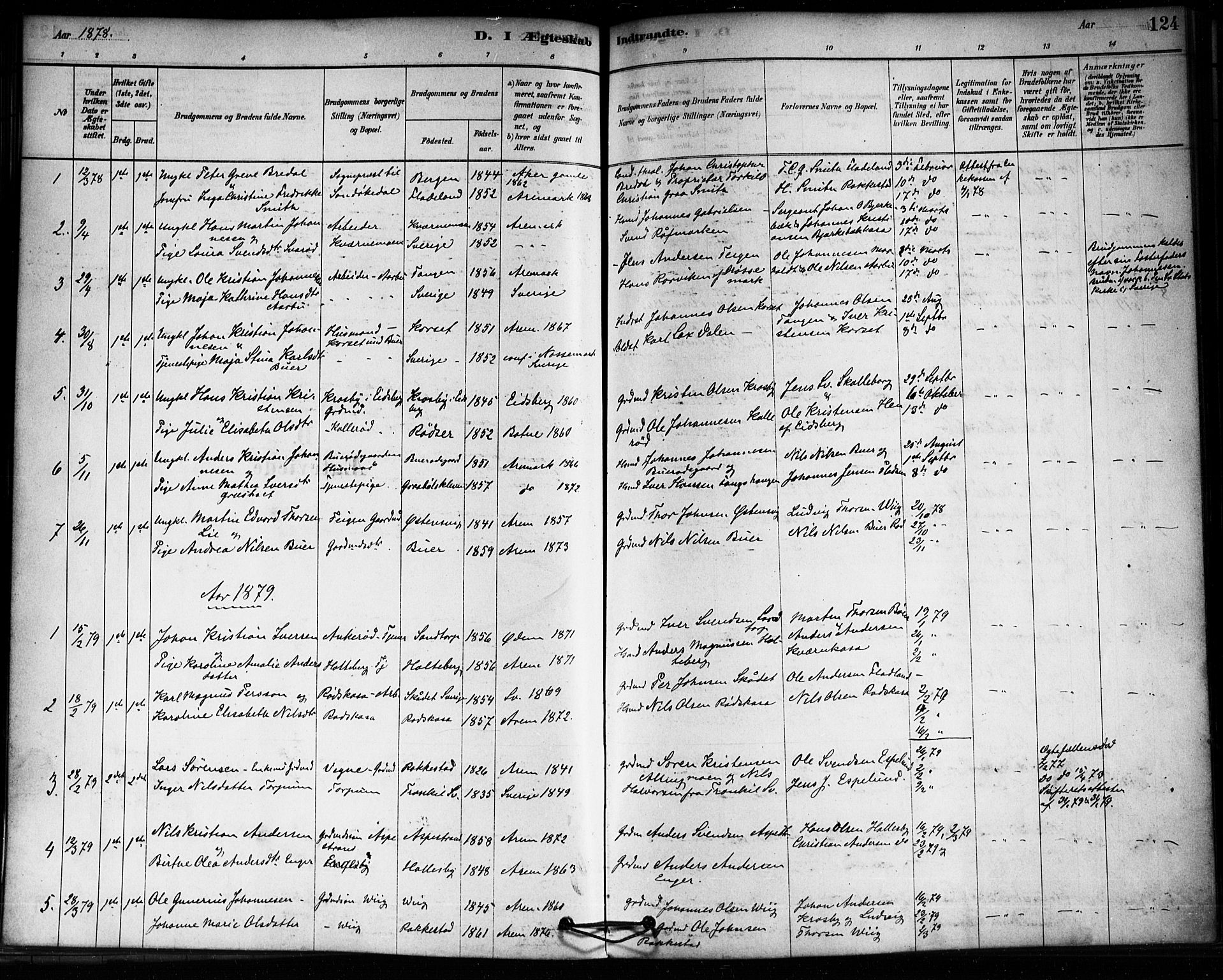 Aremark prestekontor Kirkebøker, AV/SAO-A-10899/F/Fa/L0005: Parish register (official) no. I 5, 1878-1897, p. 124