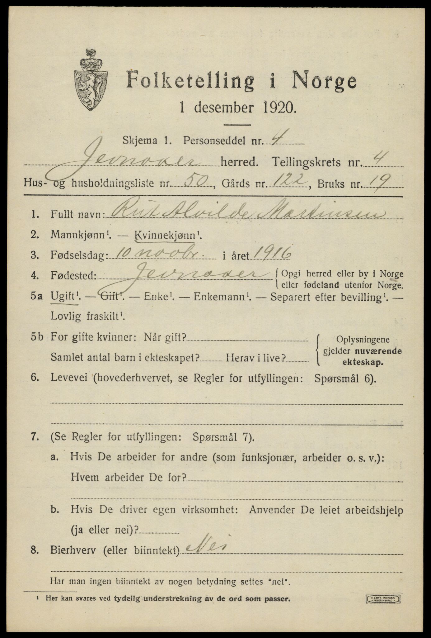 SAH, 1920 census for Jevnaker, 1920, p. 7081