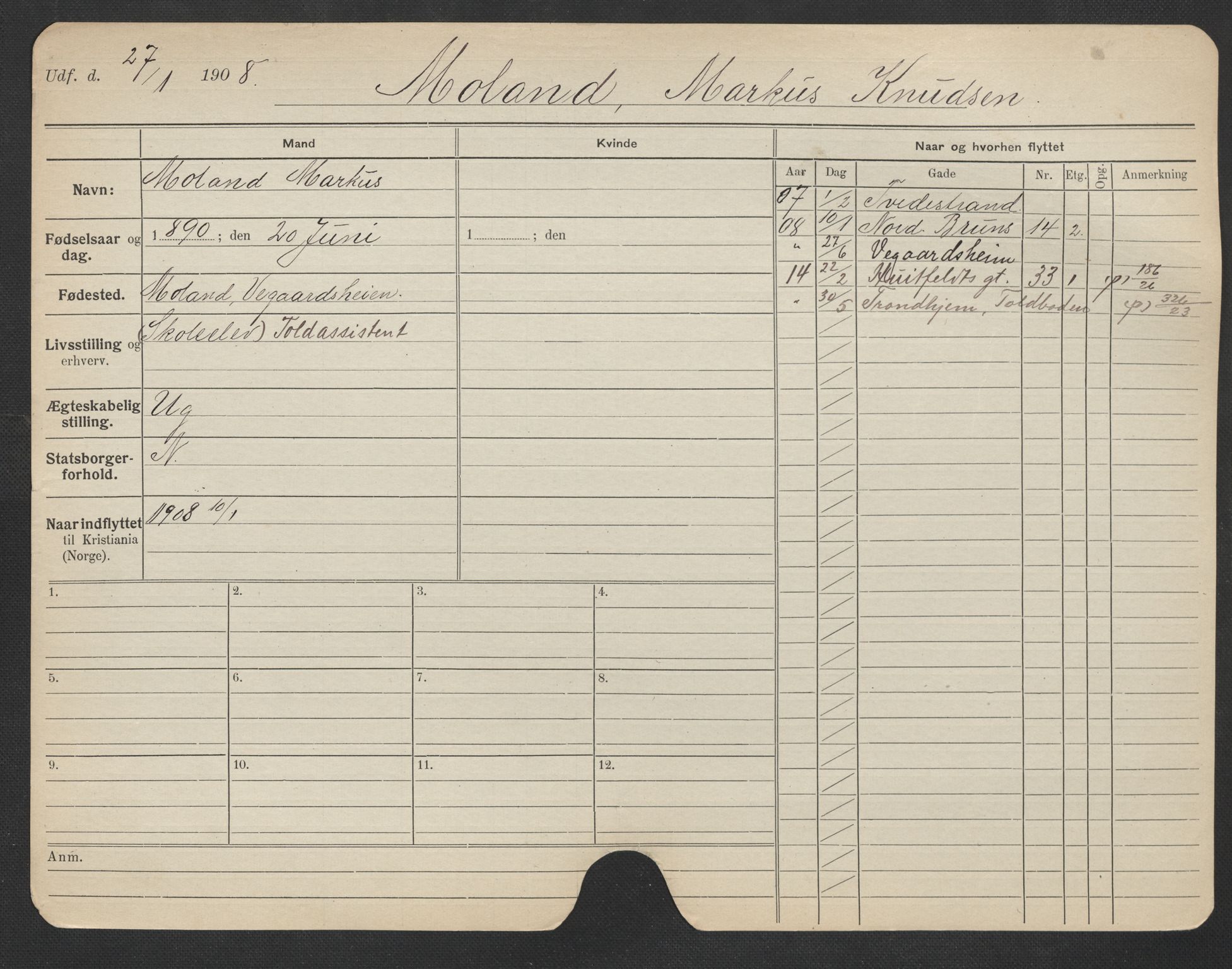 Oslo folkeregister, Registerkort, AV/SAO-A-11715/F/Fa/Fac/L0007: Menn, 1906-1914, p. 852a