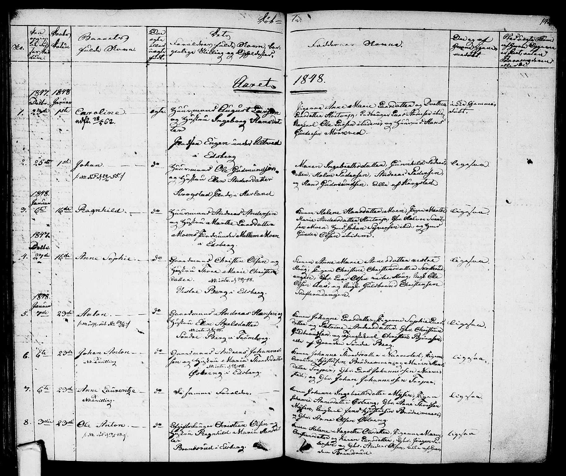 Eidsberg prestekontor Kirkebøker, SAO/A-10905/F/Fa/L0008: Parish register (official) no. I 8, 1832-1848, p. 142