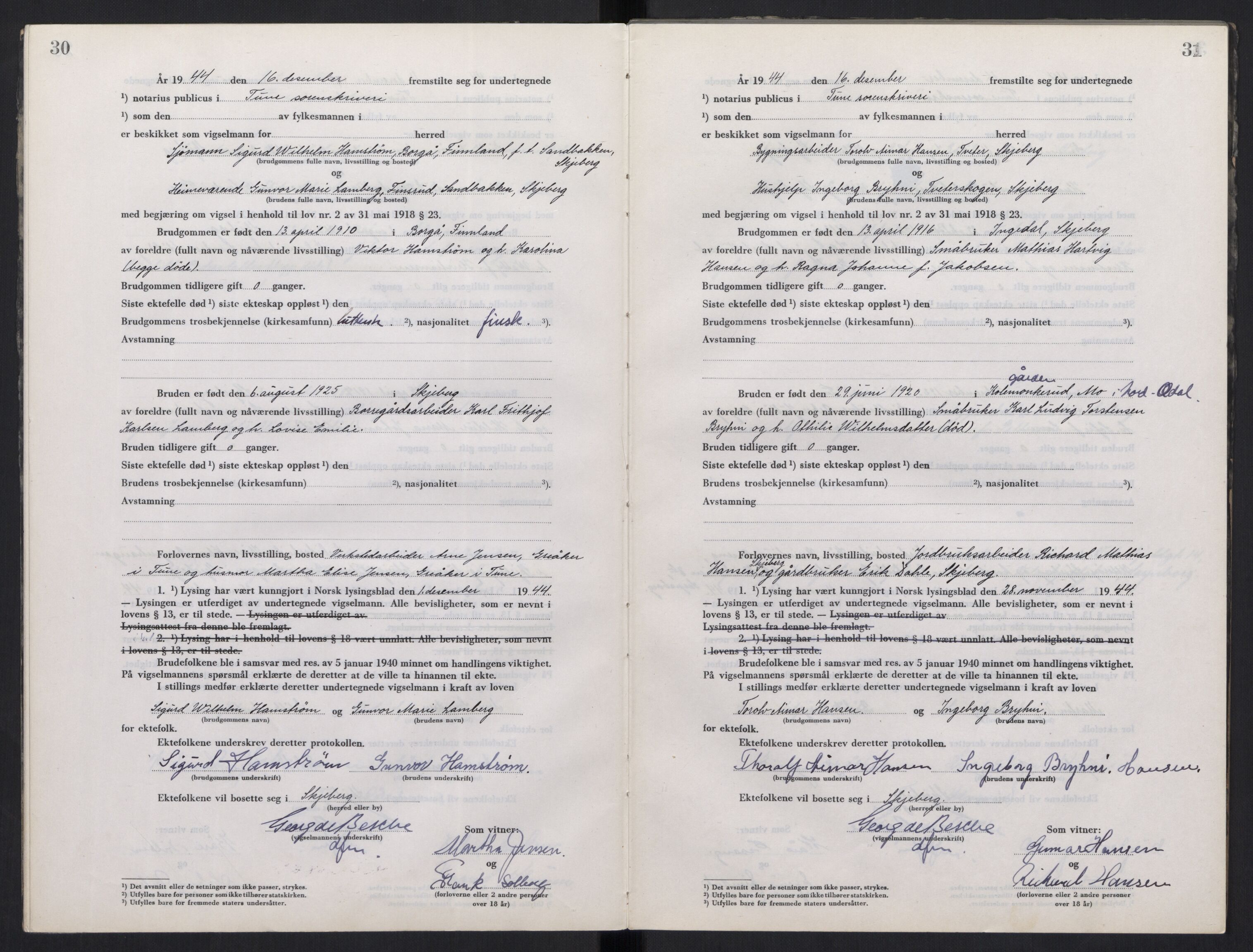 Tune sorenskriveri, AV/SAO-A-10470/L/Lb/L0003: Vigselprotokoll, 1944-1951, p. 30-31