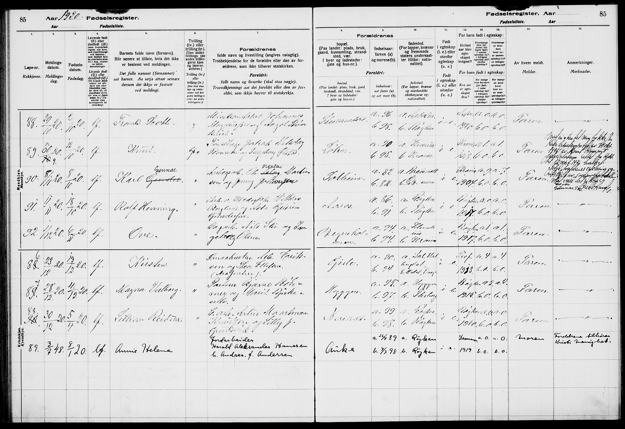 Røyken kirkebøker, AV/SAKO-A-241/J/Ja/L0001: Birth register no. 1, 1916-1927, p. 85