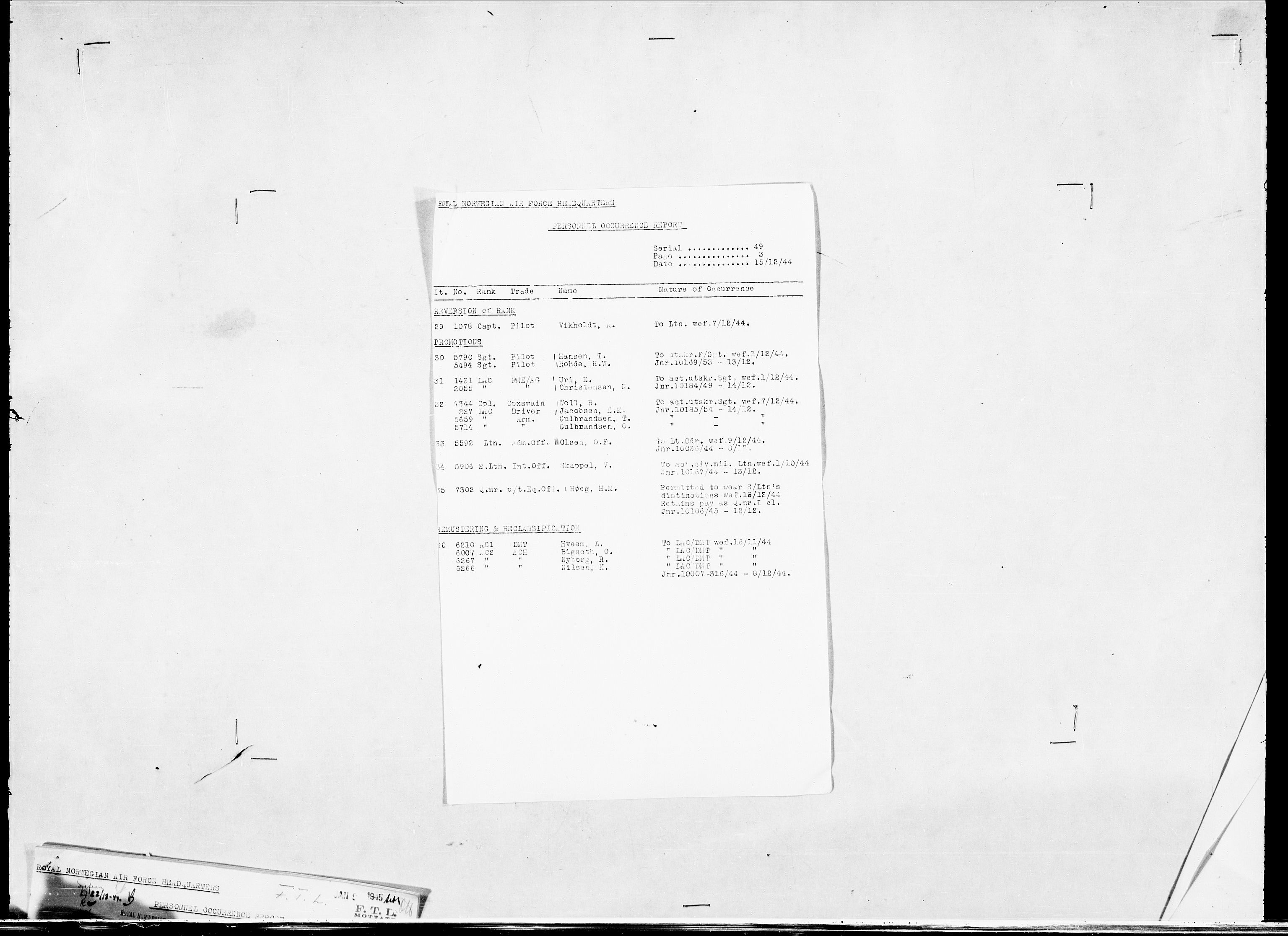 Forsvaret, Flyvåpnenes treningsleir 1940-1945, RA/RAFA-3974/V/L0038: Ekspedisjonskontoret. 8. Personellkontoret, 1940-1945