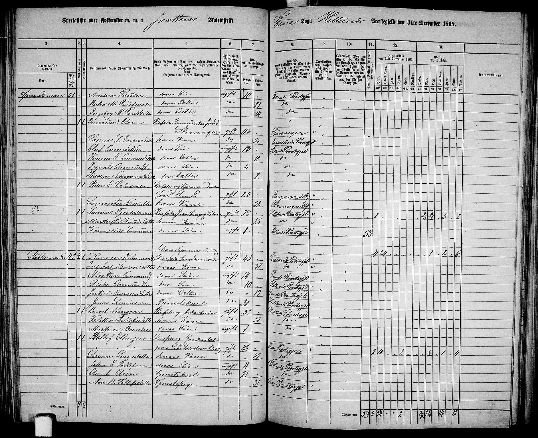 RA, 1865 census for Hetland, 1865, p. 109