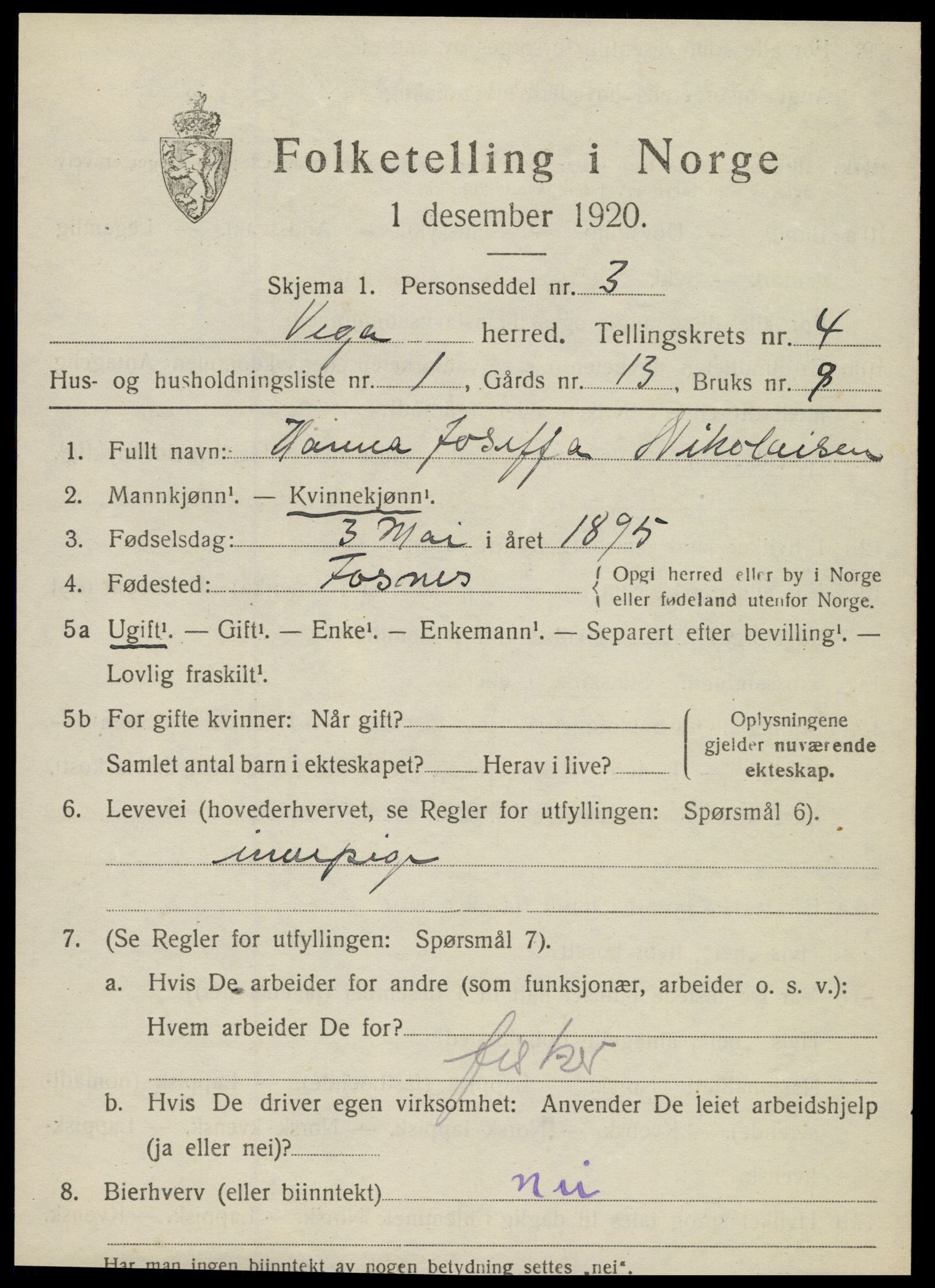 SAT, 1920 census for Vega, 1920, p. 2157