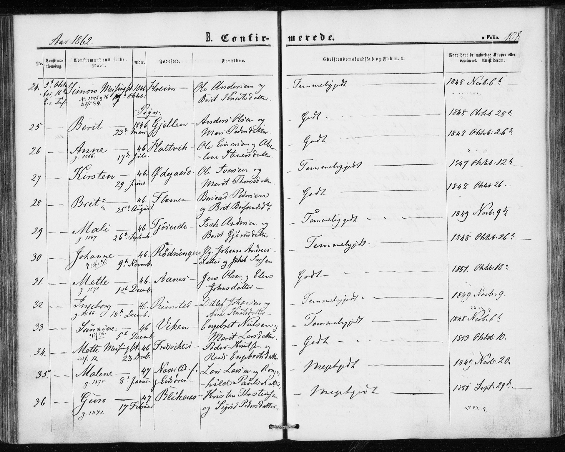 Ministerialprotokoller, klokkerbøker og fødselsregistre - Møre og Romsdal, AV/SAT-A-1454/586/L0985: Parish register (official) no. 586A11, 1857-1866, p. 108