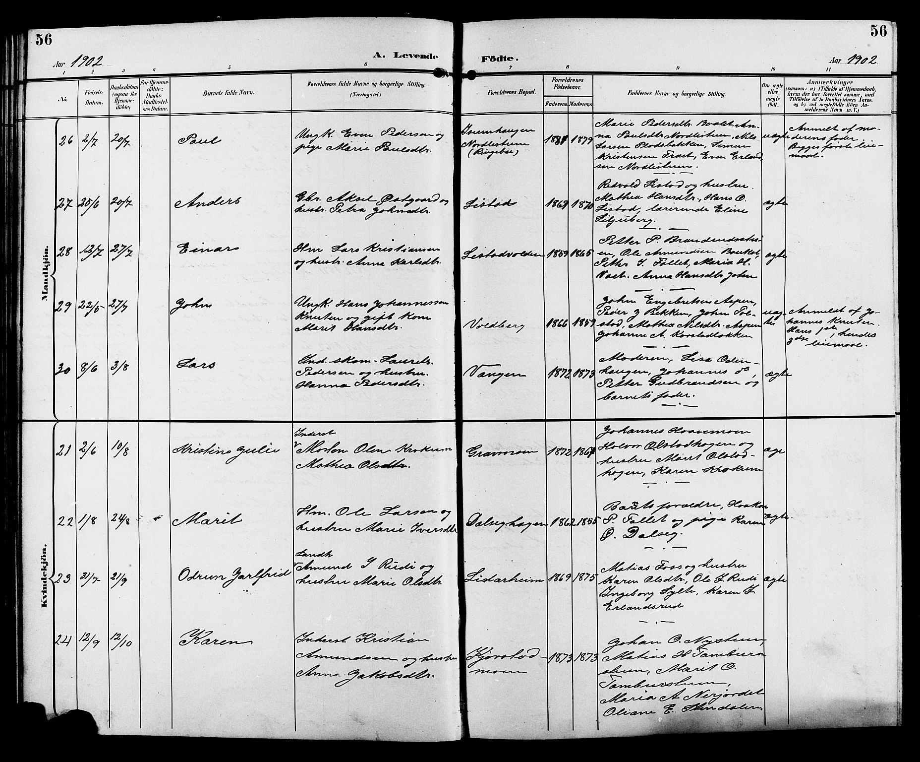 Sør-Fron prestekontor, AV/SAH-PREST-010/H/Ha/Hab/L0004: Parish register (copy) no. 4, 1896-1911, p. 56