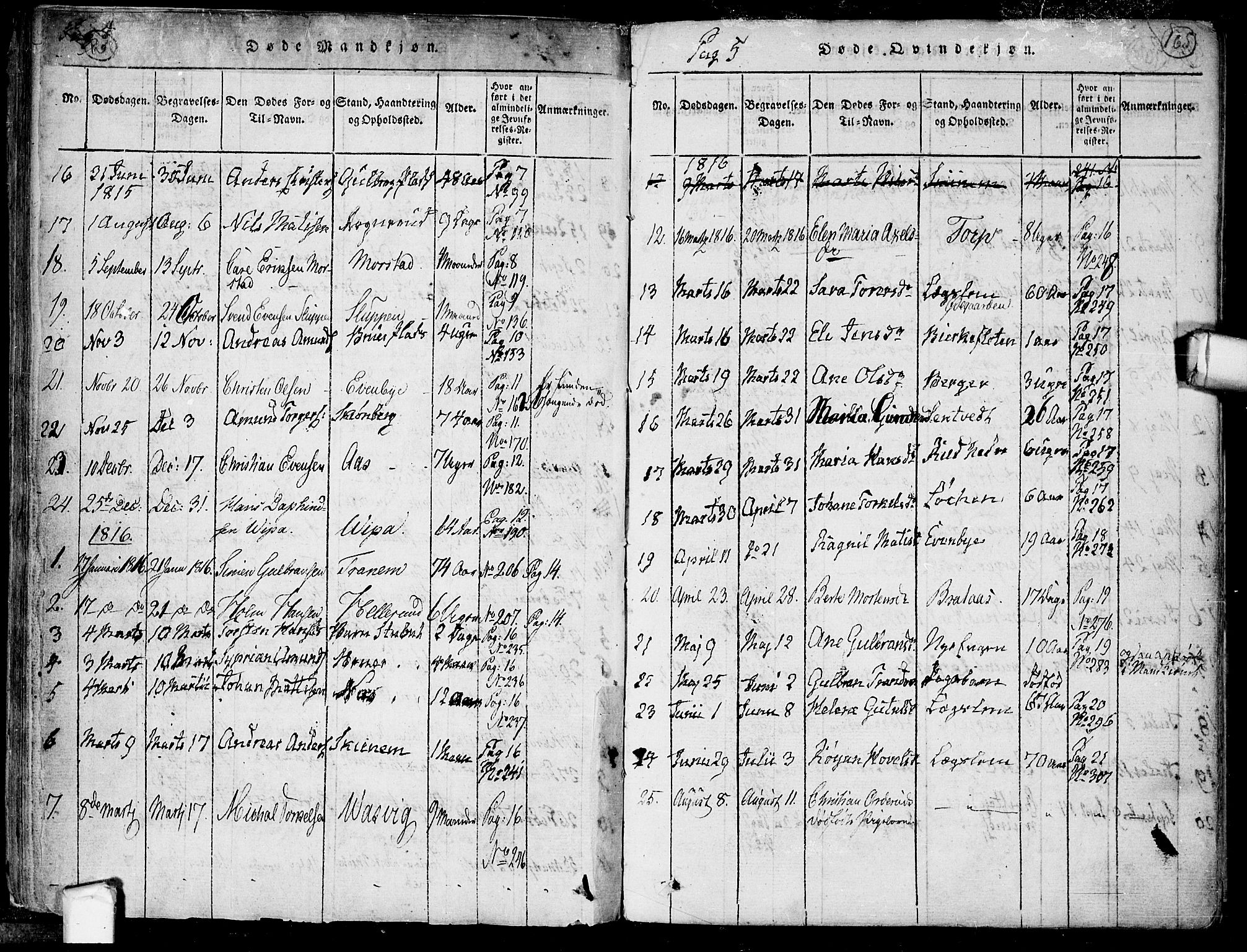 Trøgstad prestekontor Kirkebøker, AV/SAO-A-10925/F/Fa/L0006: Parish register (official) no. I 6, 1815-1844, p. 164-165