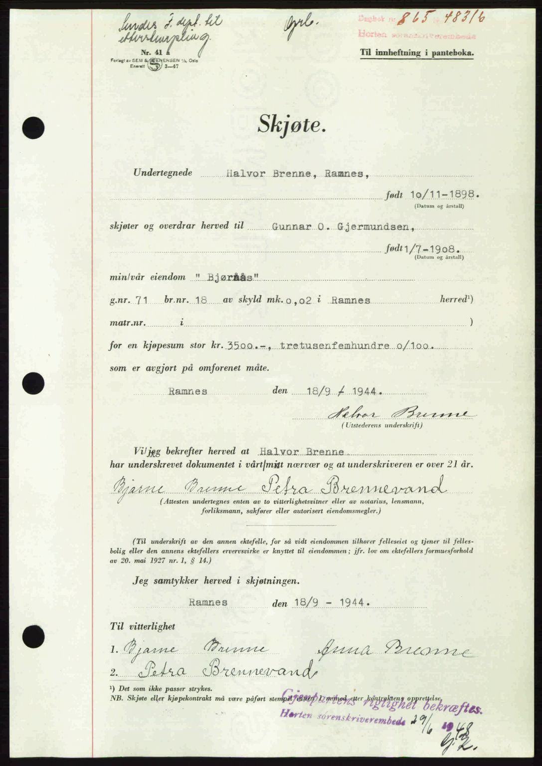 Horten sorenskriveri, AV/SAKO-A-133/G/Ga/Gaa/L0010: Mortgage book no. A-10, 1947-1948, Diary no: : 865/1948