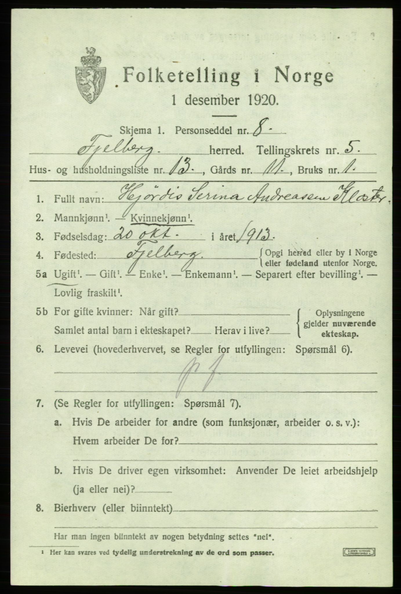 SAB, 1920 census for Fjelberg, 1920, p. 1831