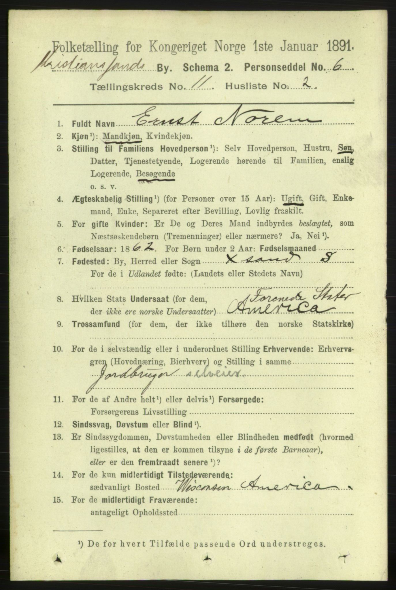 RA, 1891 census for 1001 Kristiansand, 1891, p. 5598