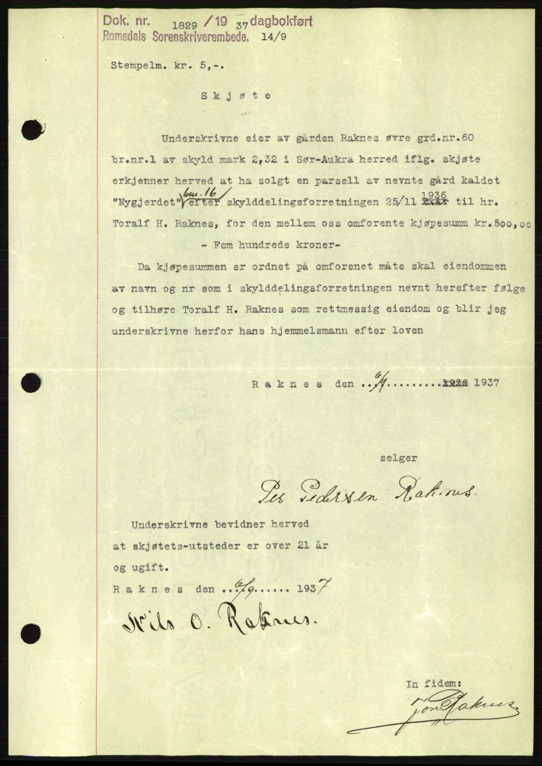 Romsdal sorenskriveri, SAT/A-4149/1/2/2C: Mortgage book no. A3, 1937-1937, Diary no: : 1829/1937