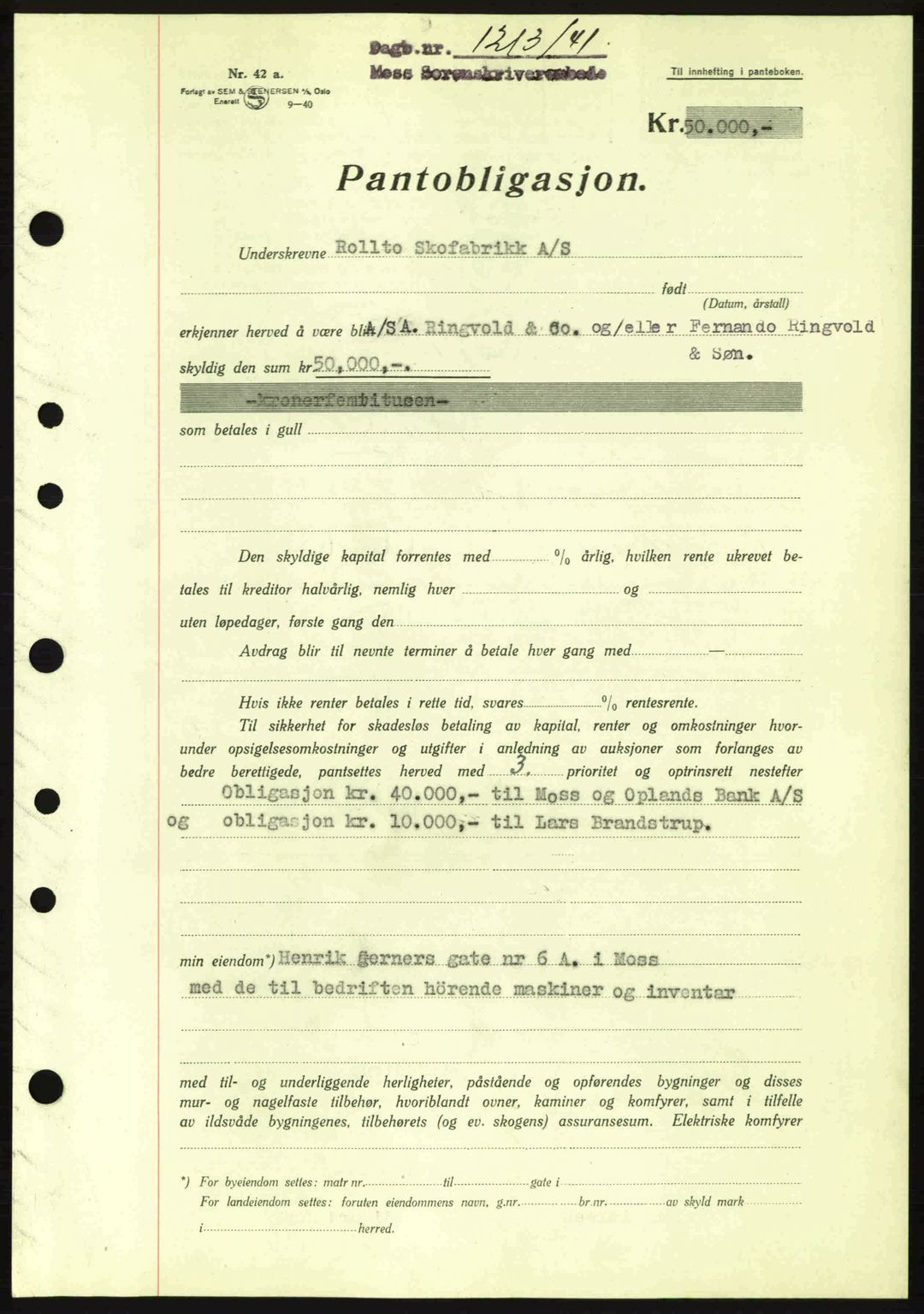 Moss sorenskriveri, SAO/A-10168: Mortgage book no. B10, 1940-1941, Diary no: : 1213/1941