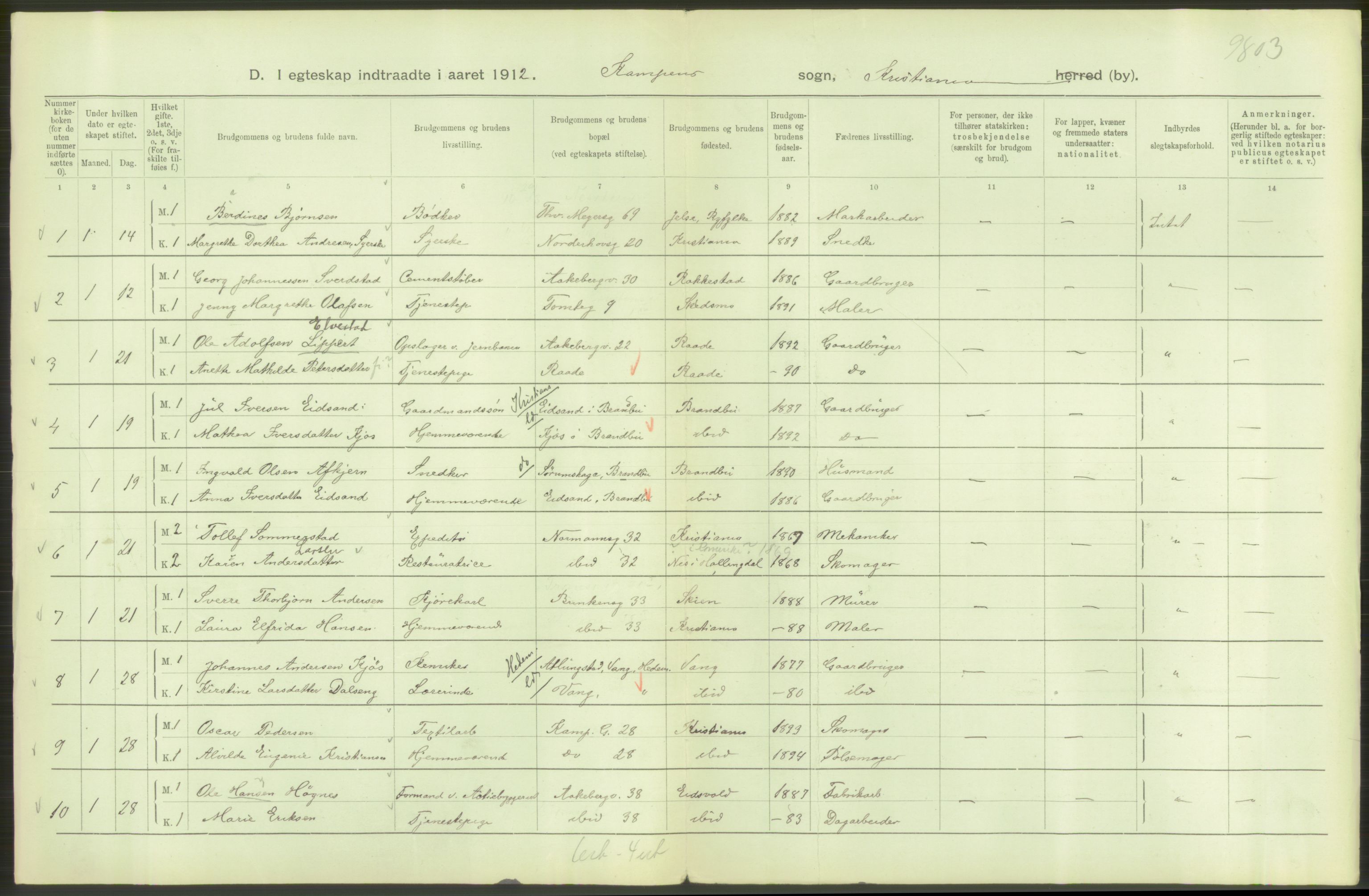 Statistisk sentralbyrå, Sosiodemografiske emner, Befolkning, AV/RA-S-2228/D/Df/Dfb/Dfbb/L0008: Kristiania: Gifte, 1912, p. 186