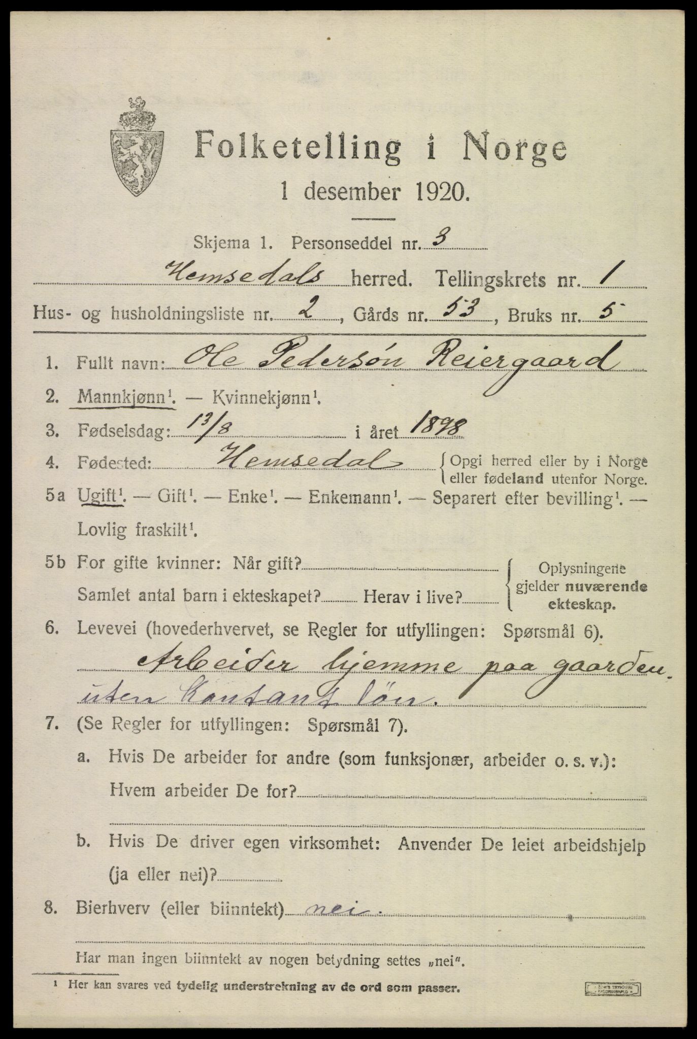 SAKO, 1920 census for Hemsedal, 1920, p. 554