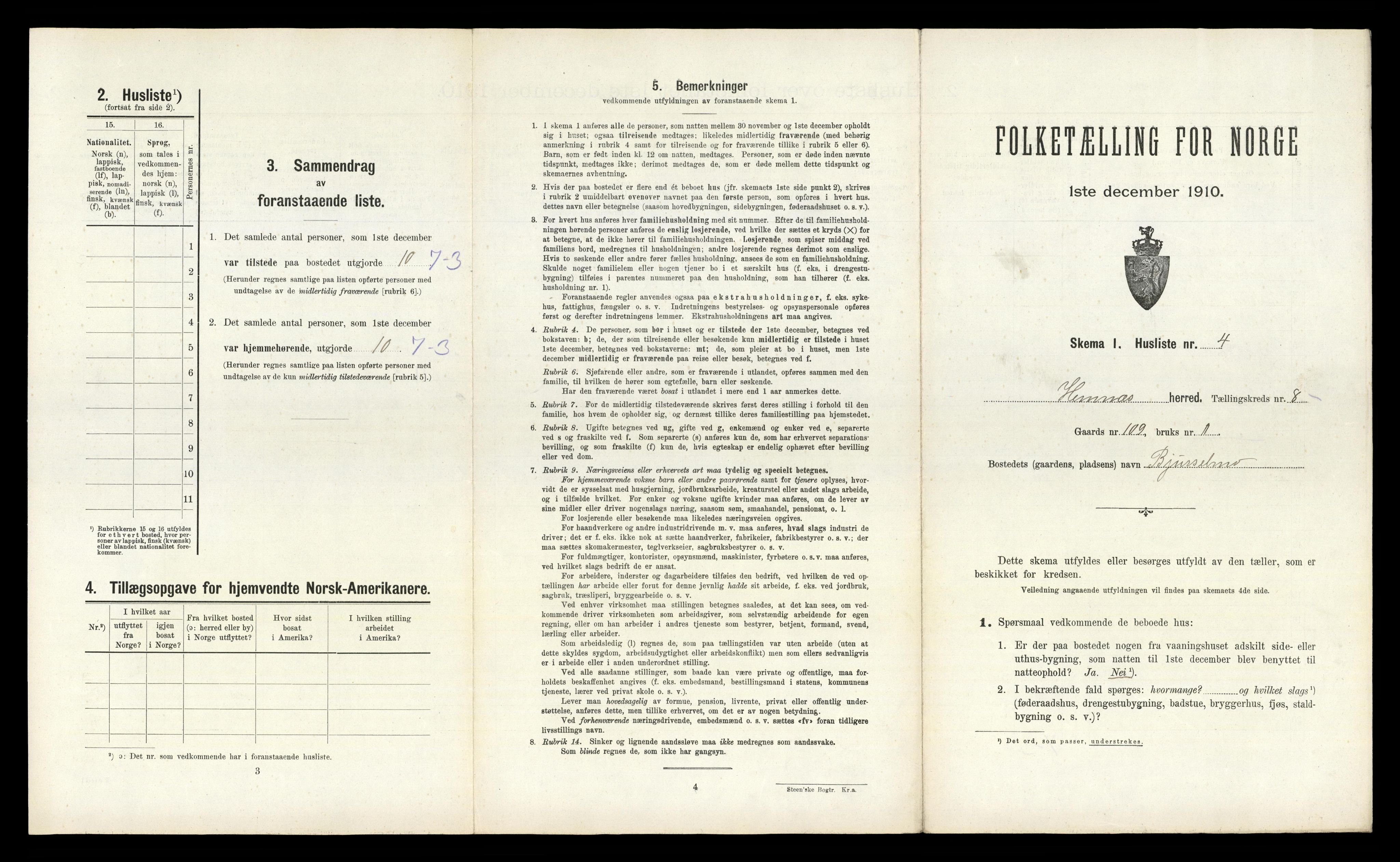 RA, 1910 census for Hemnes, 1910, p. 1538