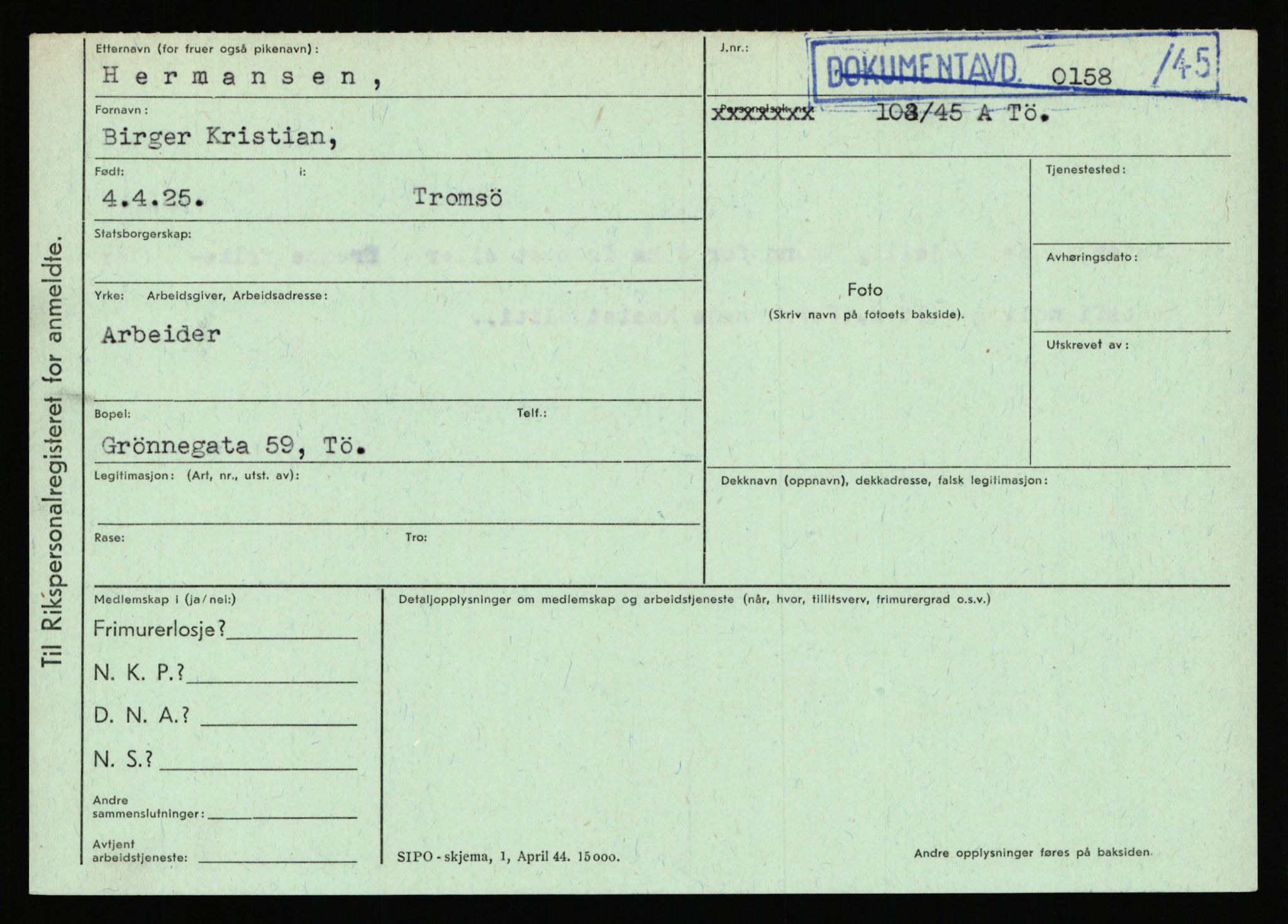 Statspolitiet - Hovedkontoret / Osloavdelingen, AV/RA-S-1329/C/Ca/L0006: Hanche - Hokstvedt, 1943-1945, p. 3908